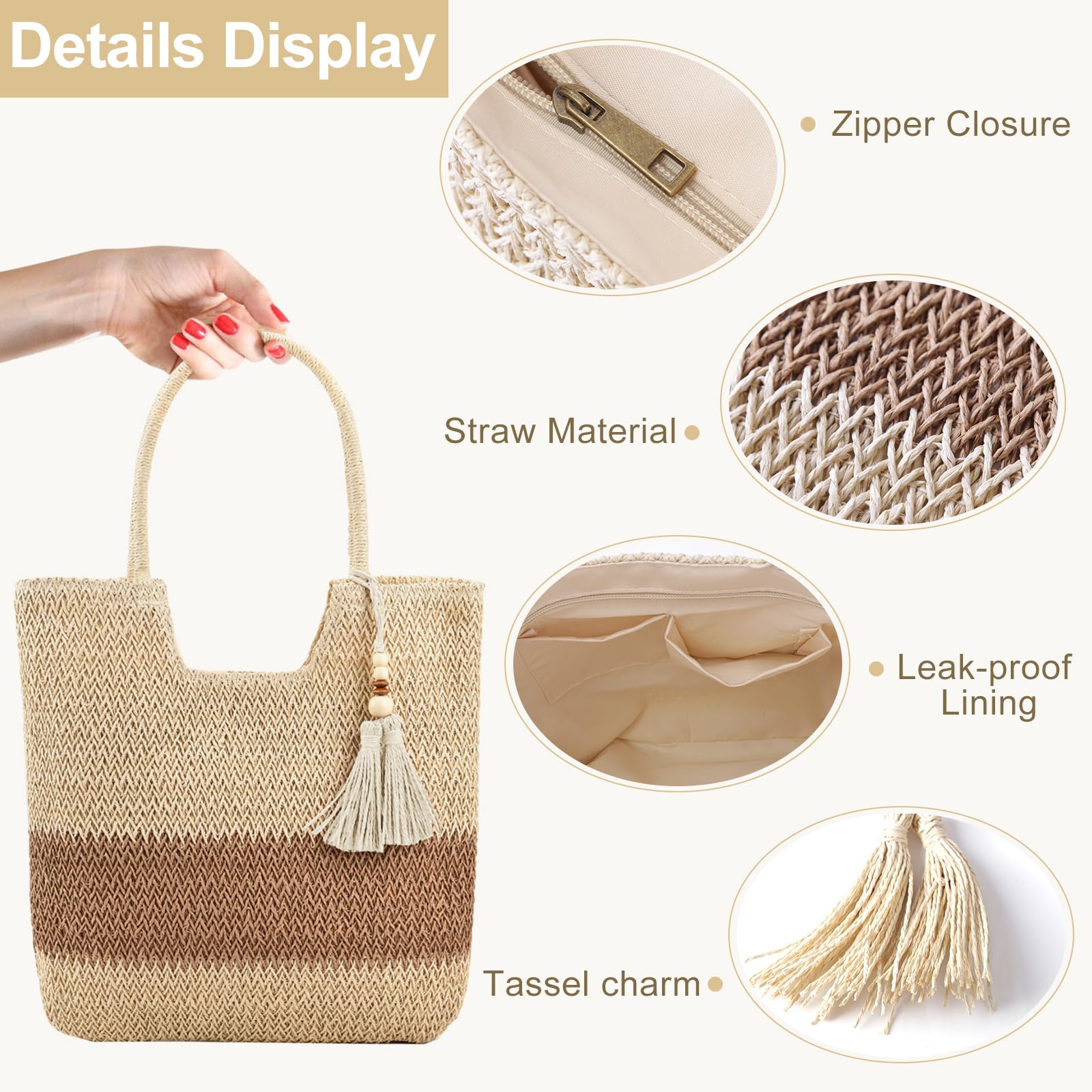 DKIIL NOIYB Women's Straw Beach Bag - Large Woven Tote with Tassels - Summer Vacation Handbag for Pool, Beach & Travel Accessories
