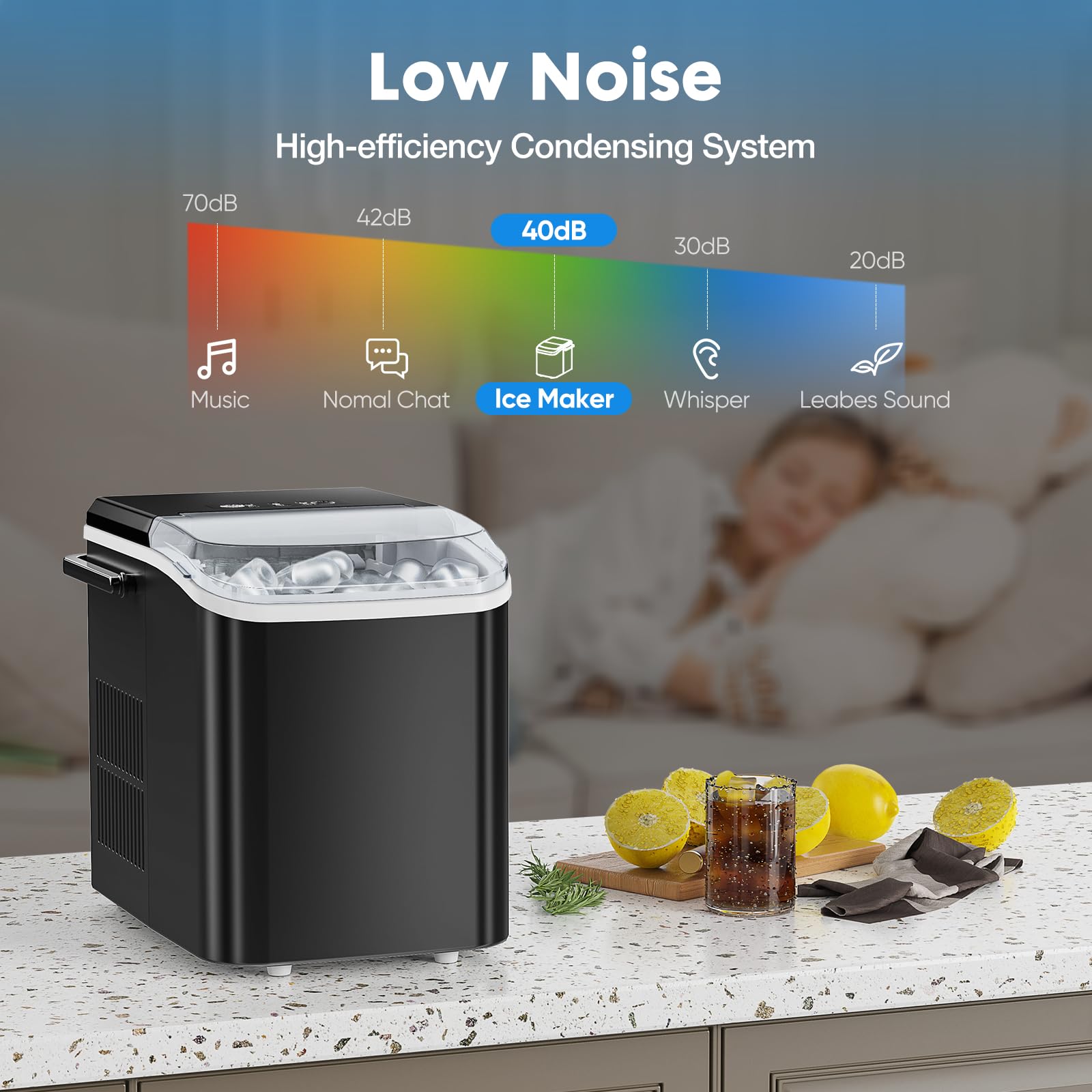 DUMOS Countertop Ice Maker Machine - 26lbs/24Hrs, 9 Cubes in 6 Mins, Self-Cleaning, Portable & Quiet - Perfect for Home Kitchen, RV, Camping, Office & Outdoor Parties (Black)