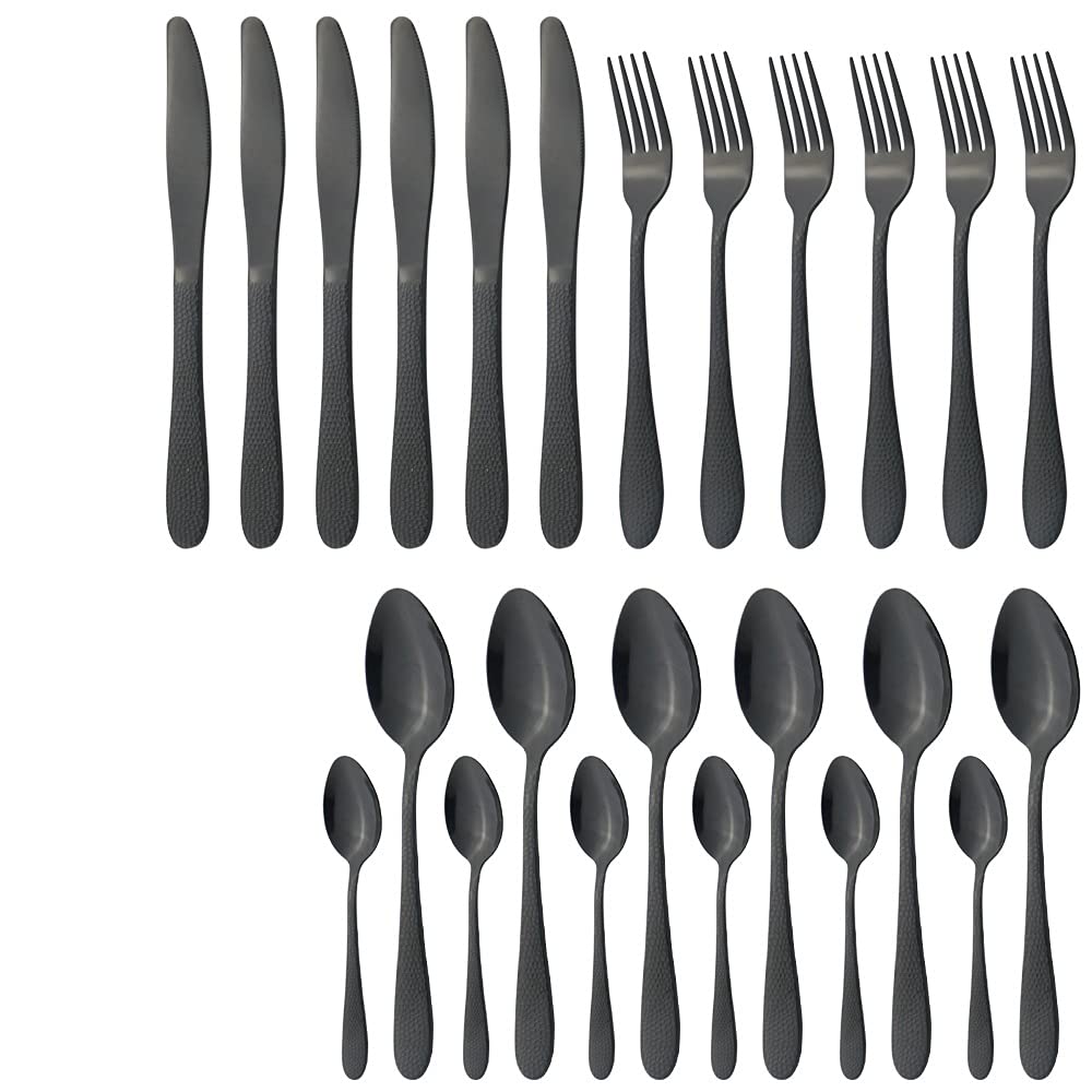24-Piece Stainless Steel Flatware Set - Knives, Forks, Spoons - Elegant Black Cutlery for Dinner Parties, Restaurants & Everyday Dining