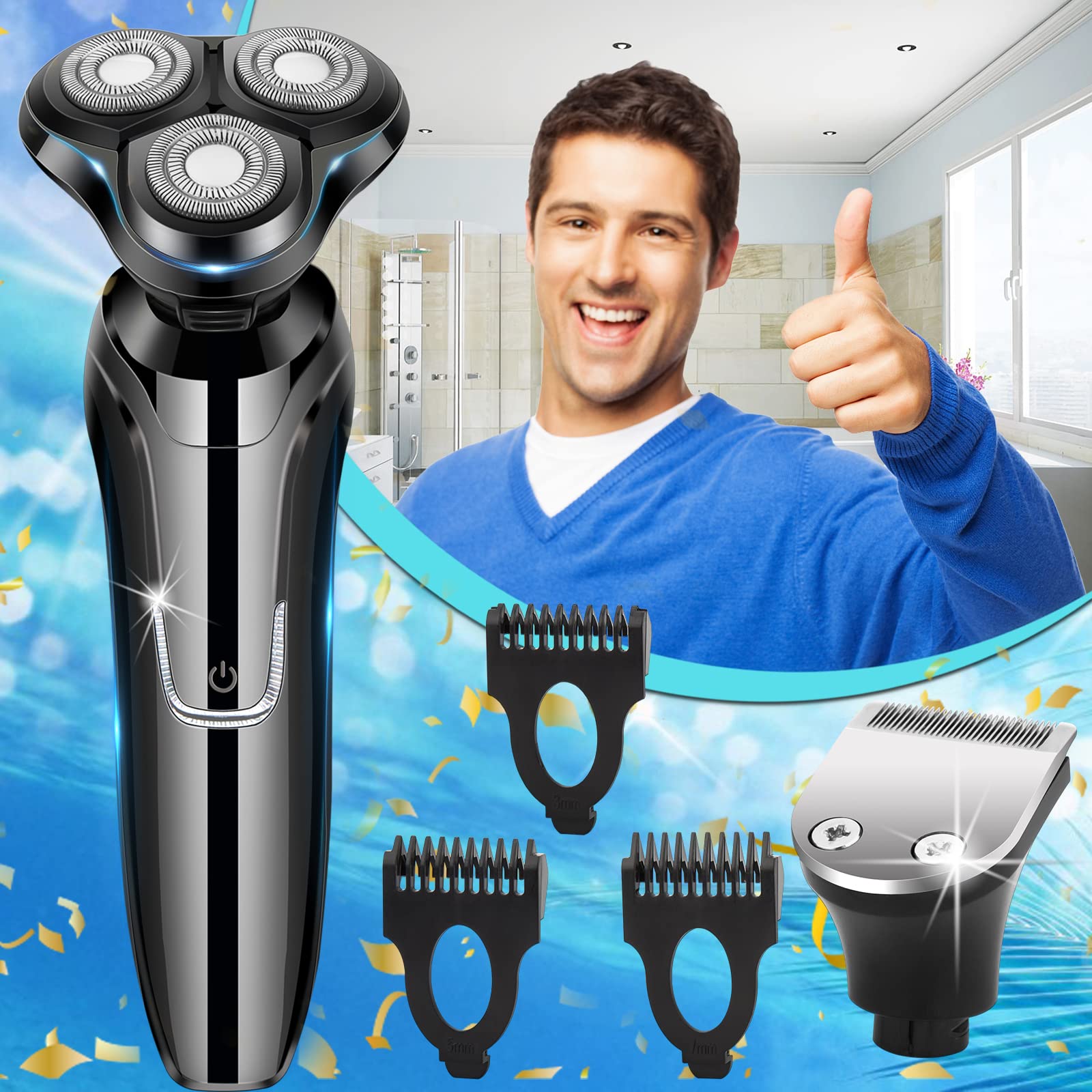 Premium Men's Electric Razor - 3D Rotary Shaver for Dry & Wet Use, USB Rechargeable Cordless Face Shaver - Perfect for Travel & Daily Grooming - Ideal Christmas Gift for Men (Blue)