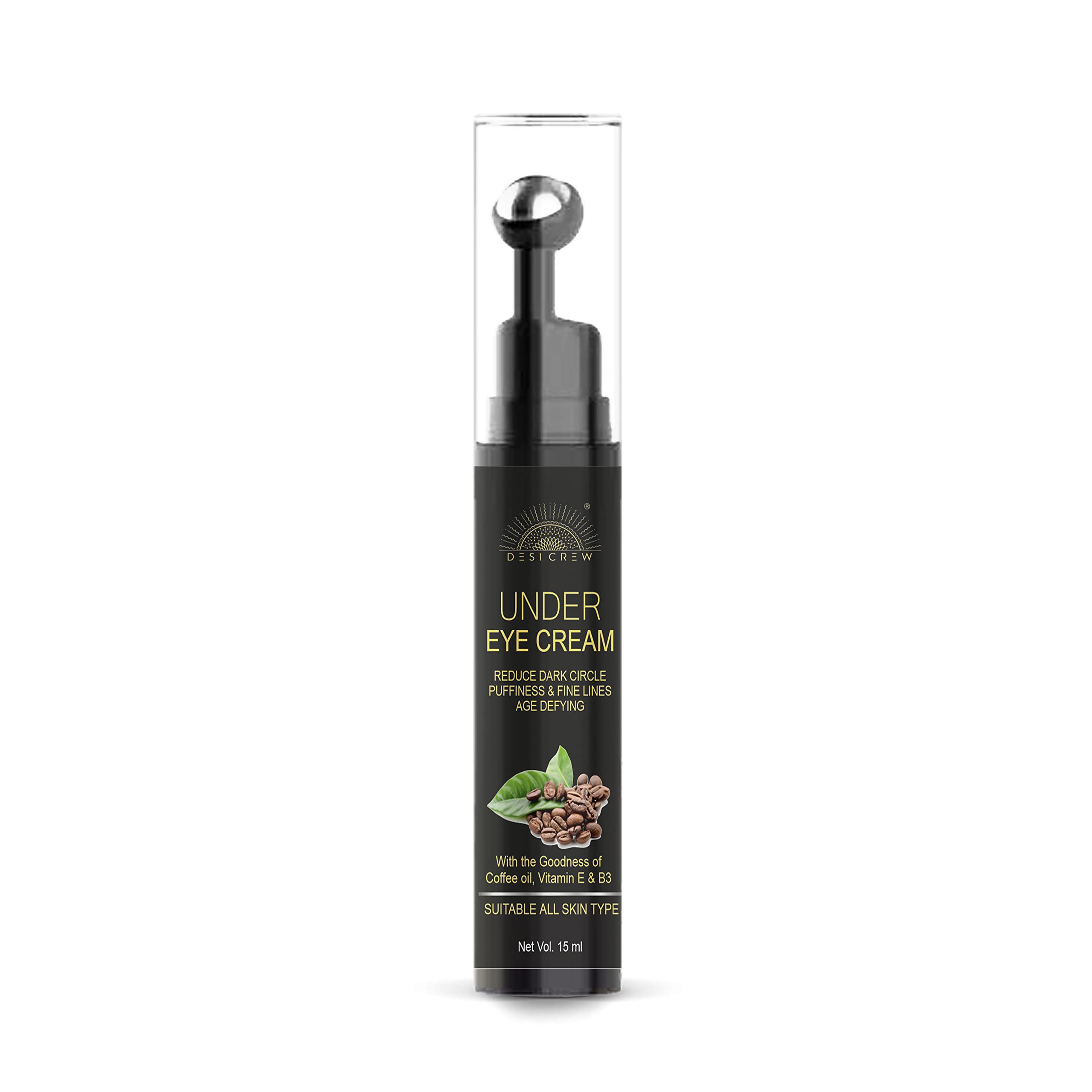 Desi Crew Under Eye Cream Gel for Dark Circles - Vitamin E & Coffee Infused, Reduces Puffiness & Fine Lines with Cooling Massage Roller (15ml) | Brighten & Refresh Tired Eyes for Work, Travel & Daily Skincare Routine