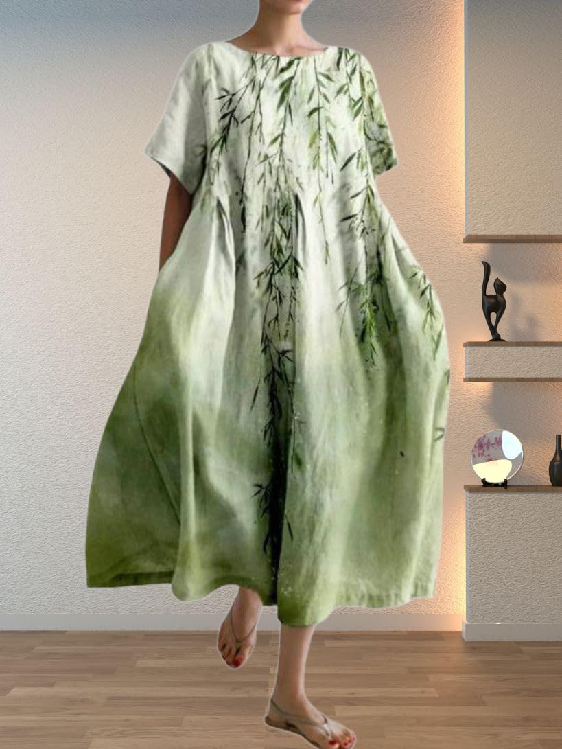 Boho Floral Cotton Linen Maxi Dress for Women - Oversized Loose Flowy Summer Dress with Pockets - Casual Beach Dress, Vacation Outfit, Plus Size 3XL in Green