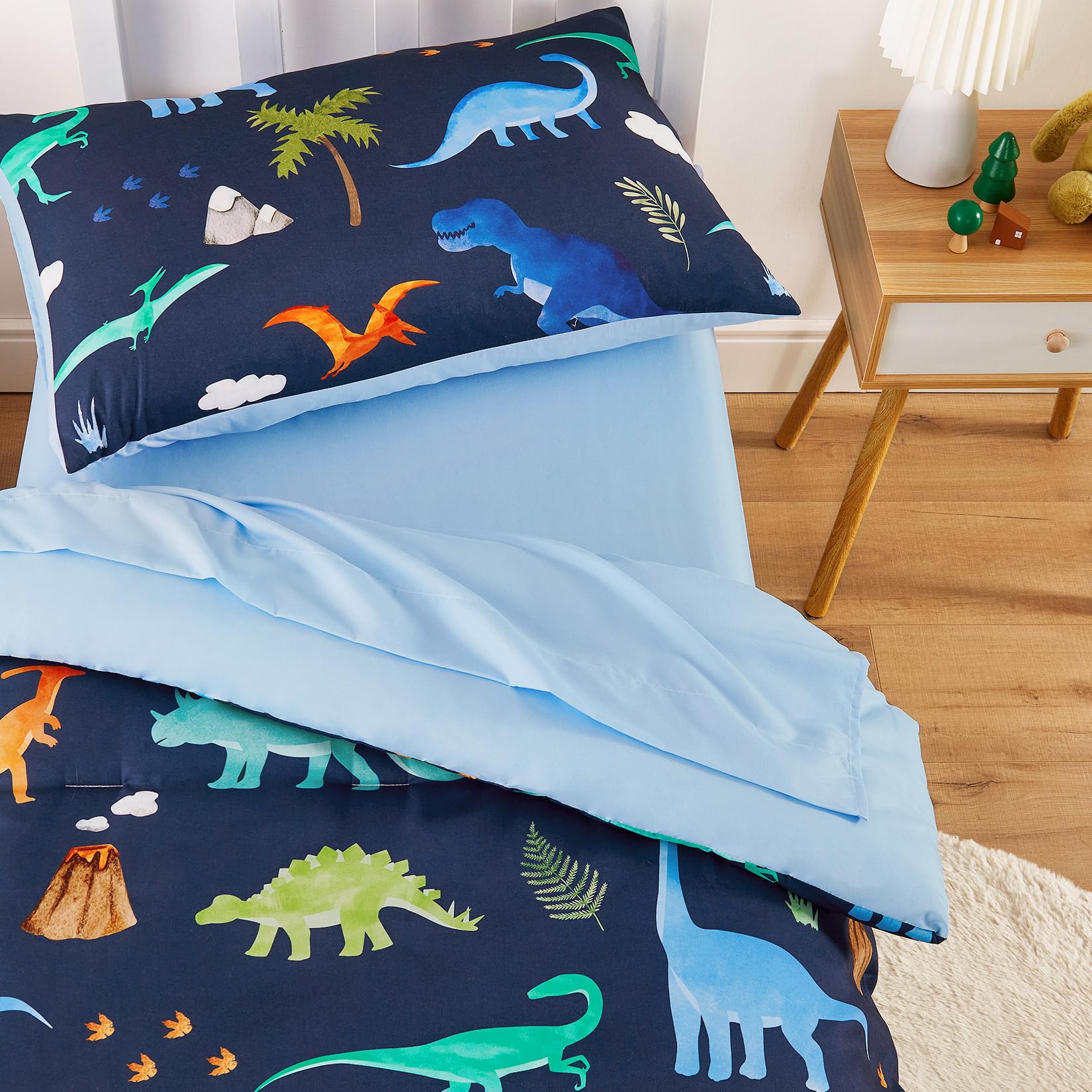Wake In Cloud - 4-Piece Soft Toddler Bedding Set for Boys, Dinosaur & Volcano Theme, Navy Blue - Includes Comforter, Fitted Sheet, Flat Sheet & Pillowcase - Perfect for Nursery, Daycare or Kids' Room Decor