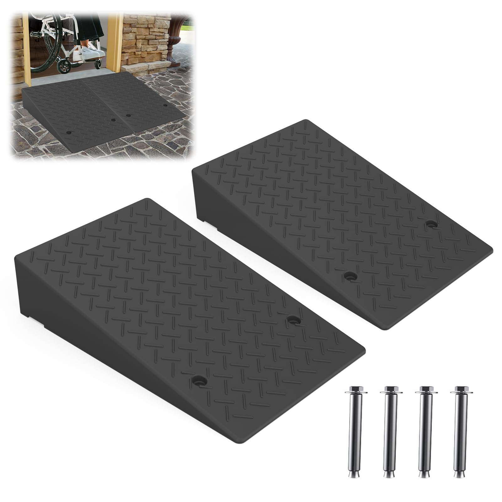 **6 Inch Rubber Threshold Ramp - Heavy Duty Non-Slip Wheelchair & Scooter Ramp for Home & Garage (2PCS, 2200LBS Capacity) - Perfect for Wheelchairs, Cars, Mobility Scooters & Outdoor Use**