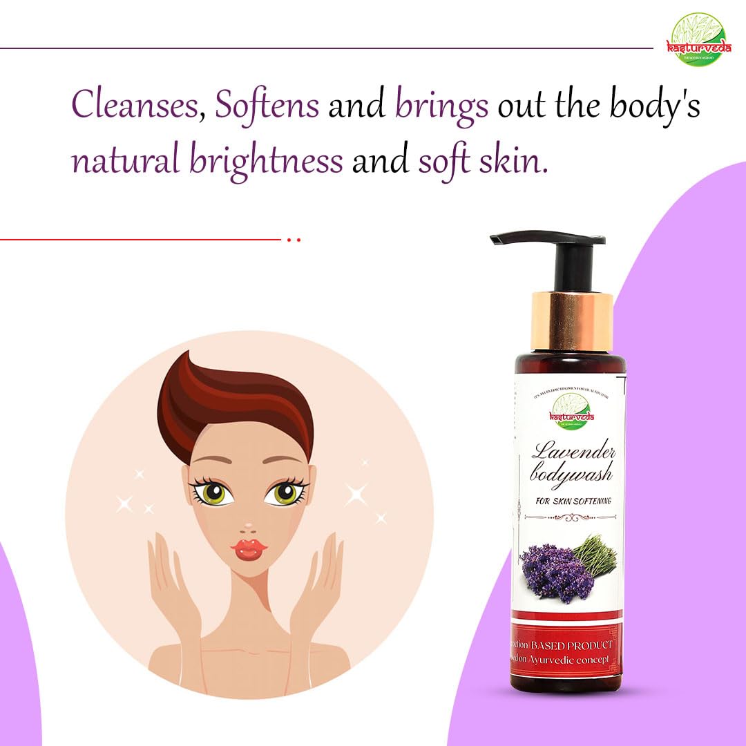 Kasturveda Lavender Body Wash & Shower Gel - Natural Hydrating Body Cleanser for Men & Women (200ml) | Relaxing Aromatherapy for Stress Relief & Better Sleep