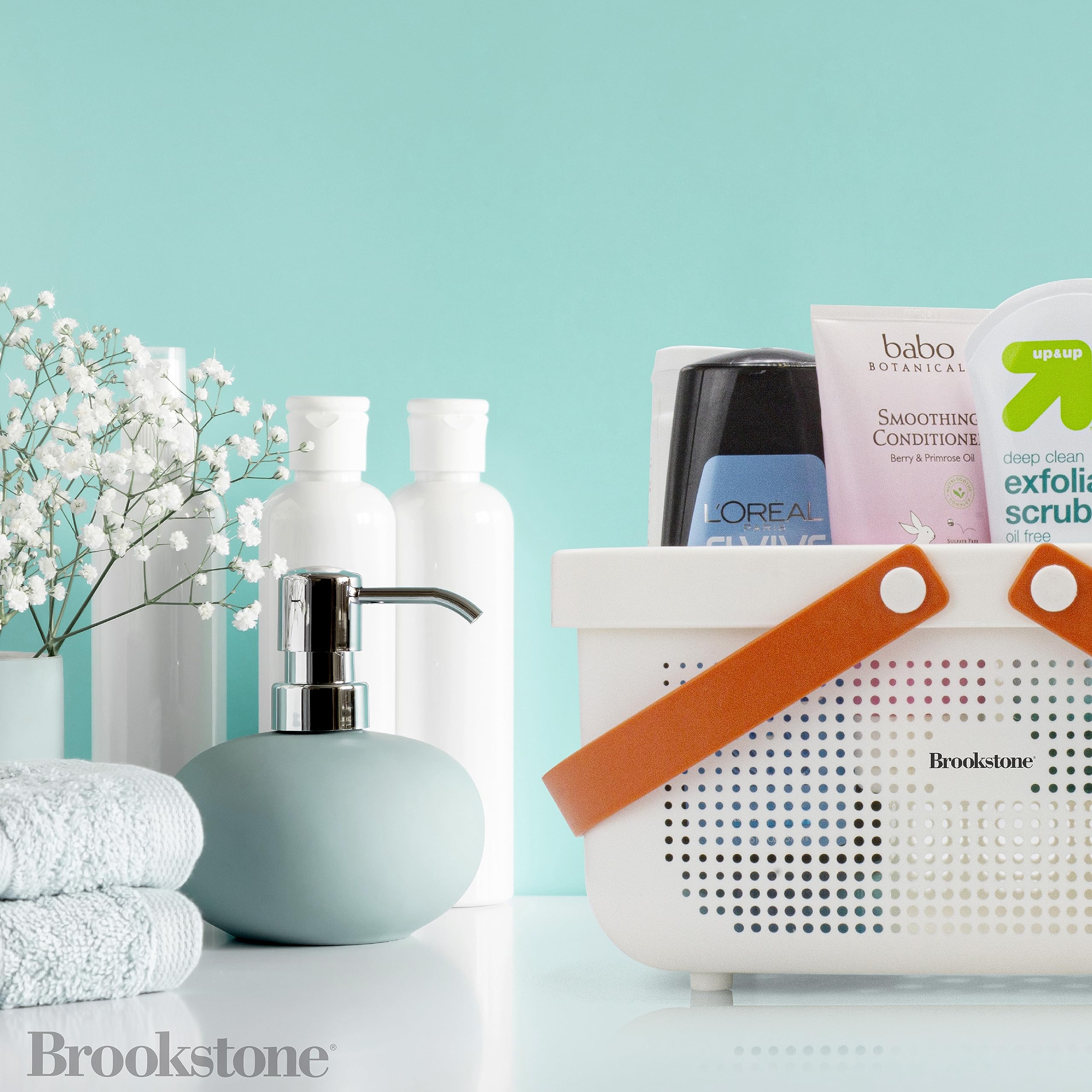 Brookstone BKH1635 Large Portable Shower Caddy - BPA Free Plastic Bath Tote with Soft Silicone Handle, Quick-Dry Drainage Holes - Perfect for Bathroom Organization, College Dorms, Camping & Travel Accessories (White)