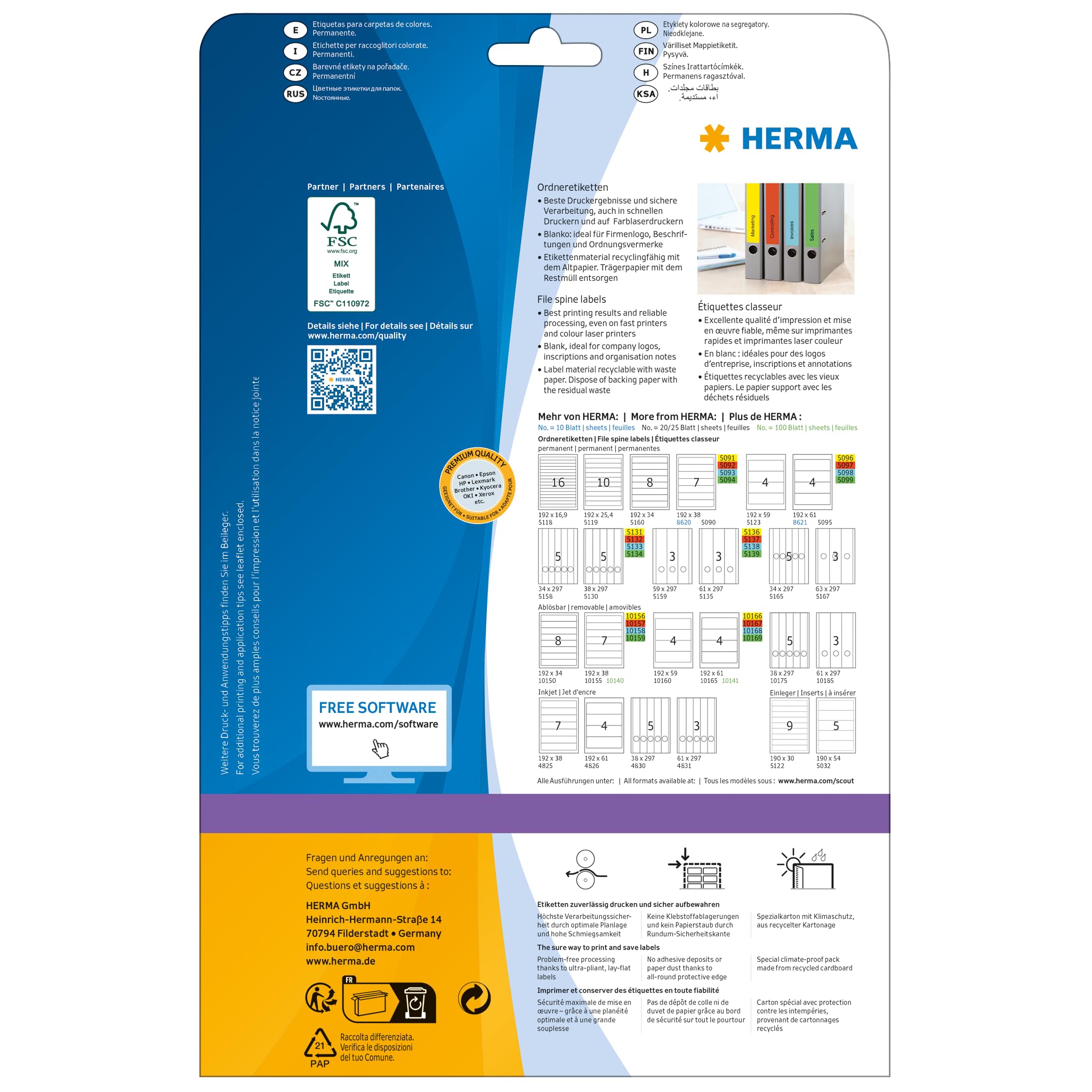 HERMA Self Adhesive Spine Labels - 100 Blank Yellow File Folder Stickers (5 Labels per A4 Sheet, 20 Sheets, 38x297mm) for Laser & Inkjet Printers - Perfect for Office Organization, Filing Systems & Document Management
