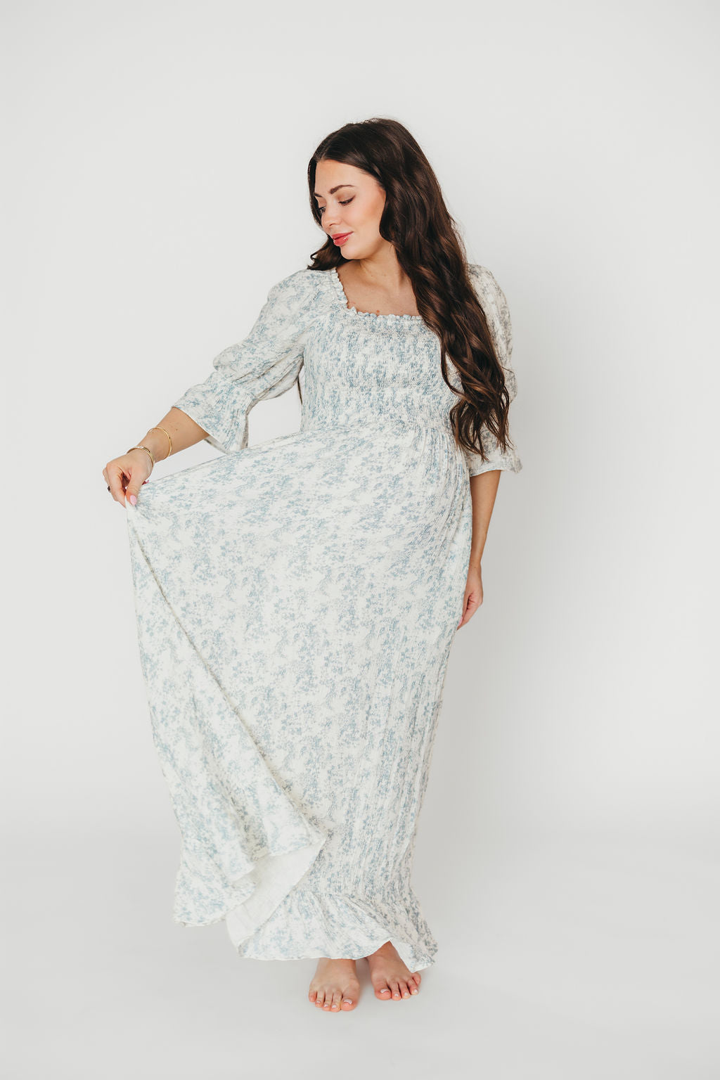 Sienna 100% Cotton Puff Sleeve Maxi Dress - Blue Floral Print Maternity Dress for Pregnancy | Bump Friendly, Comfortable & Stylish for Summer, Beach, Vacation & Special Occasions