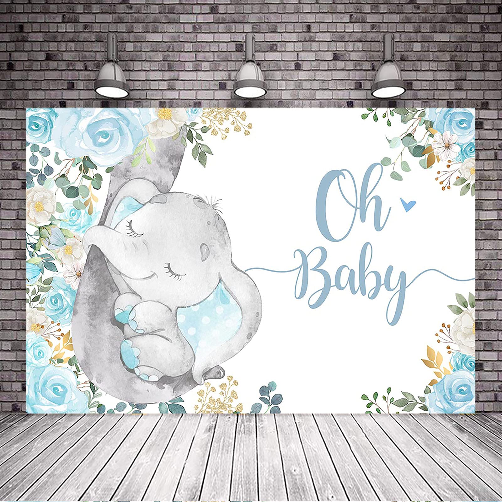 Avezano Little Elephant Baby Shower Backdrop - Oh Baby Blue Elephant Theme Decor with Flowers, 7x5 ft Banner for Boys & Girls Nursery, Birthday Party, Gender Reveal Decorations