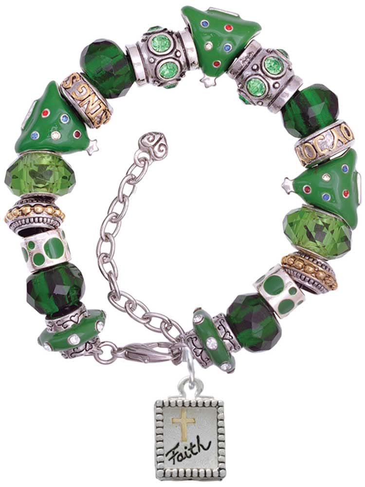 Delight Jewelry Two-Tone Shadow Box Message Green Christmas Bead Bracelet - Adjustable 7