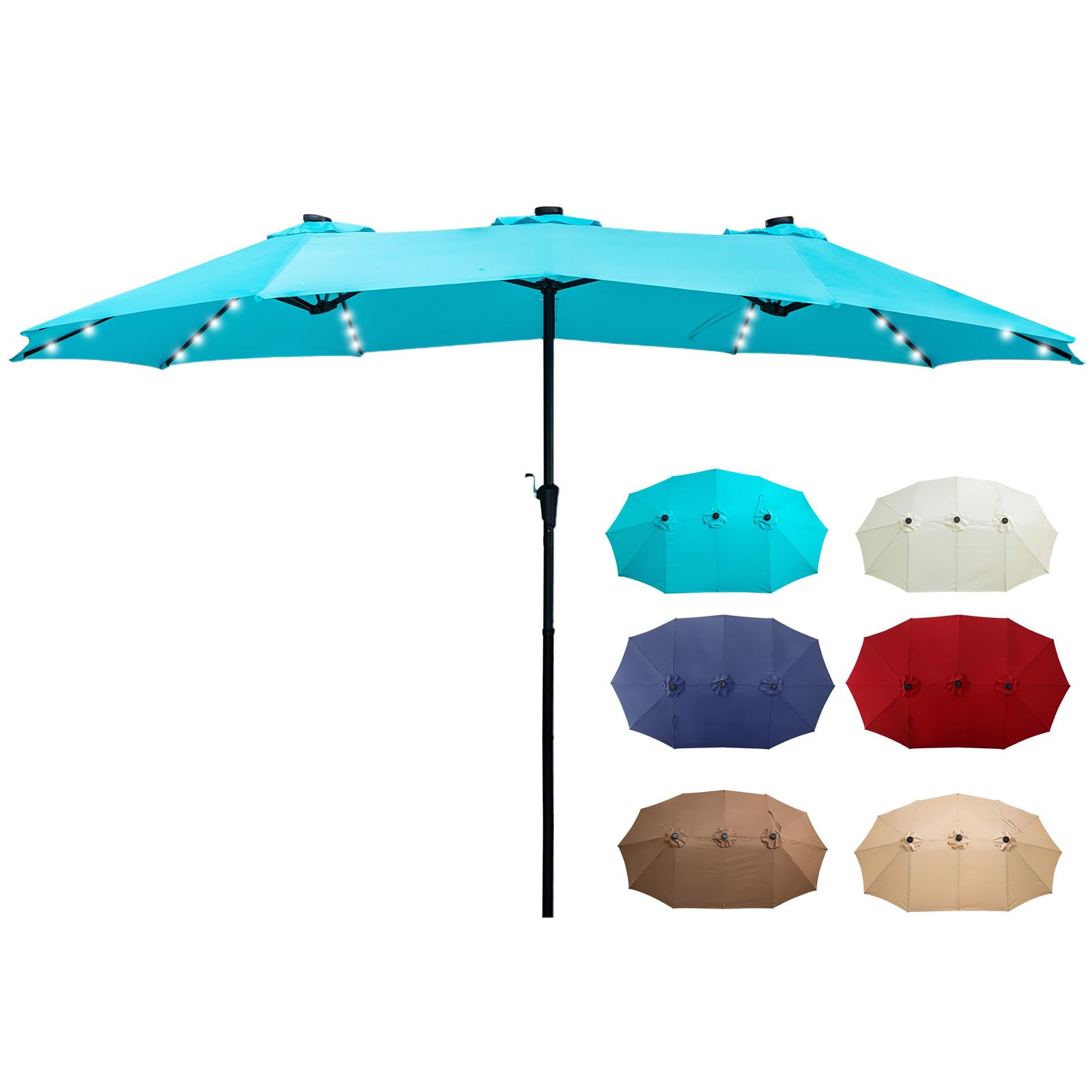 15ft Solar LED Patio Umbrella with Double-Sided Canopy - Extra Large Outdoor Garden Umbrella for Poolside, Backyard, and Patio Relaxation