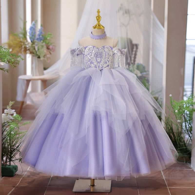 Lilac Satin Lace Flower Girl Dress with Beading & Bow Back - Elegant Flower Girl Attire for Weddings, Baptisms & Special Occasions