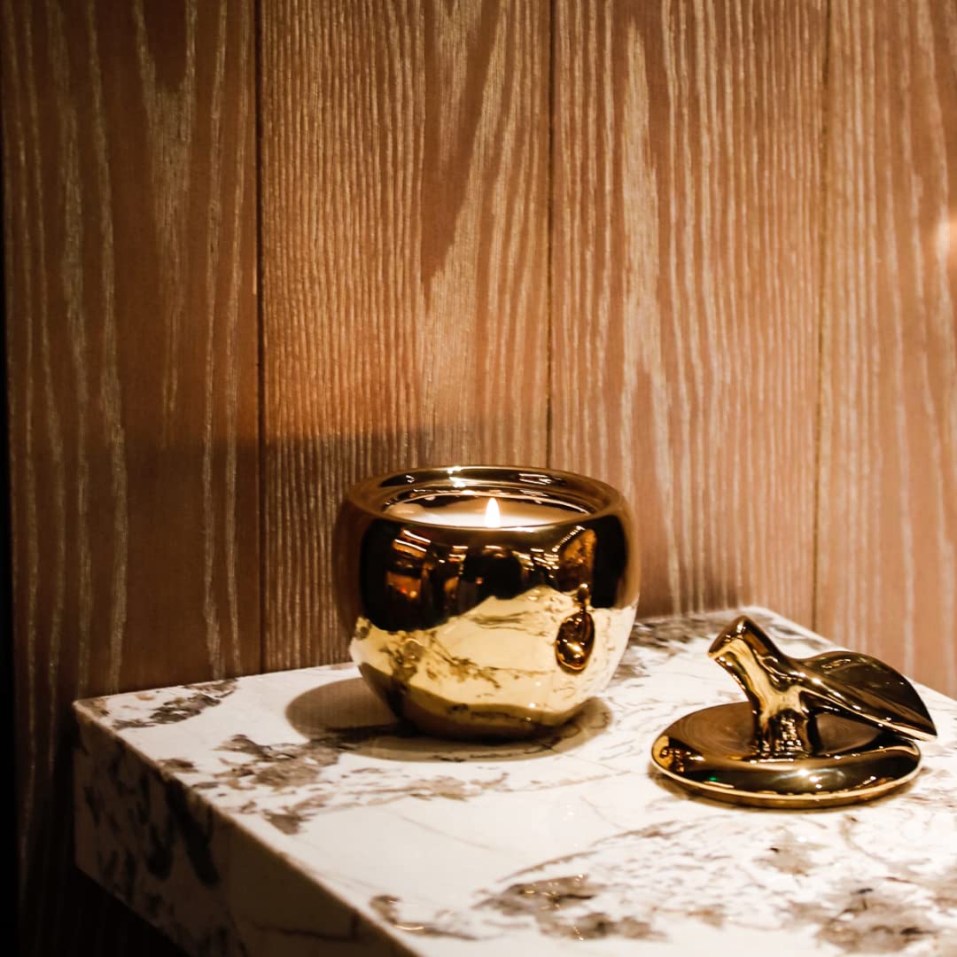 Thompson Ferrier Apple Ceramic Candle - Gold Hand-Poured Soy Wax with Fragrant Essential Oils - 180-220 Hours Burn Time - 7.5x5.5x5.5 Inch - Perfect for Birthday, Christmas, Wedding & Home Decor Gifts - Creates Cozy Ambiance for Dining, Bath Relaxation and Romantic Evenings