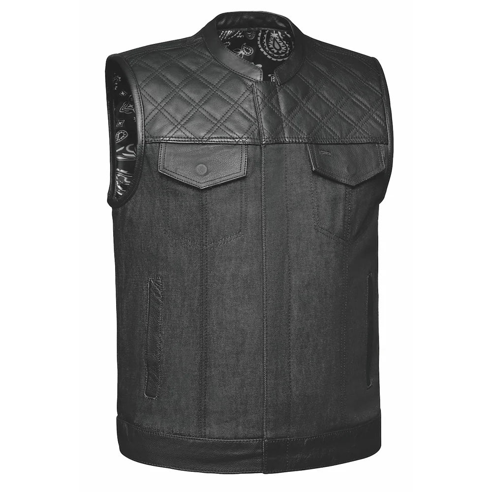 Open Road Men's Denim & Leather Club Vest - Stylish Biker Jacket for Motorcycle Riders & Casual Wear - Perfect for Road Trips, Outdoor Adventures & Everyday Fashion