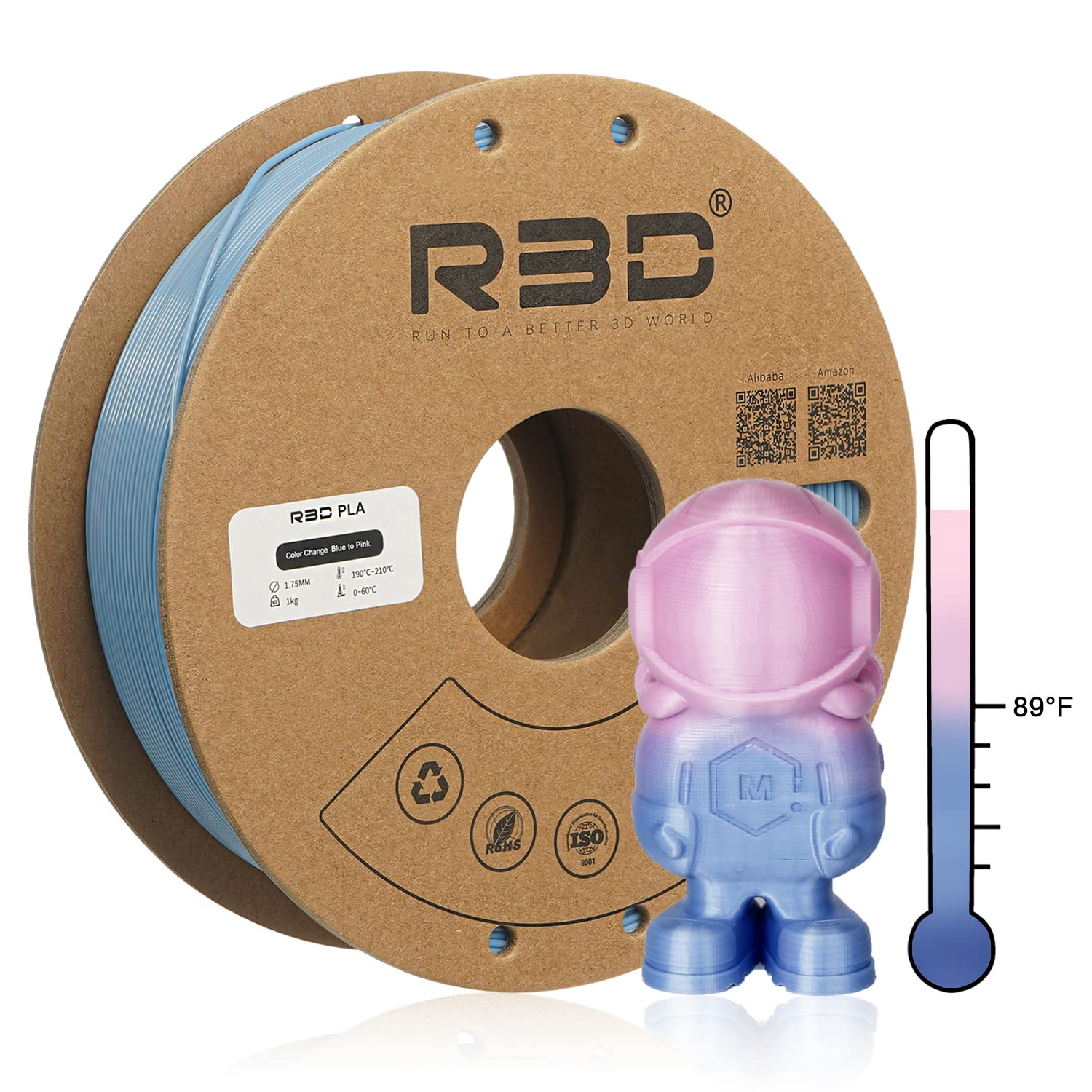 Premium R3D PLA+ Filament 1.75mm for 3D Printing - 1KG (2.2lbs) Spool - 100% Pure PLA with Temperature Color Changing (Blue Below 90°F/Pink Above 90°F) - ±0.03mm Dimensional Accuracy - Ideal for DIY Projects, Cosplay Props & Home Decor