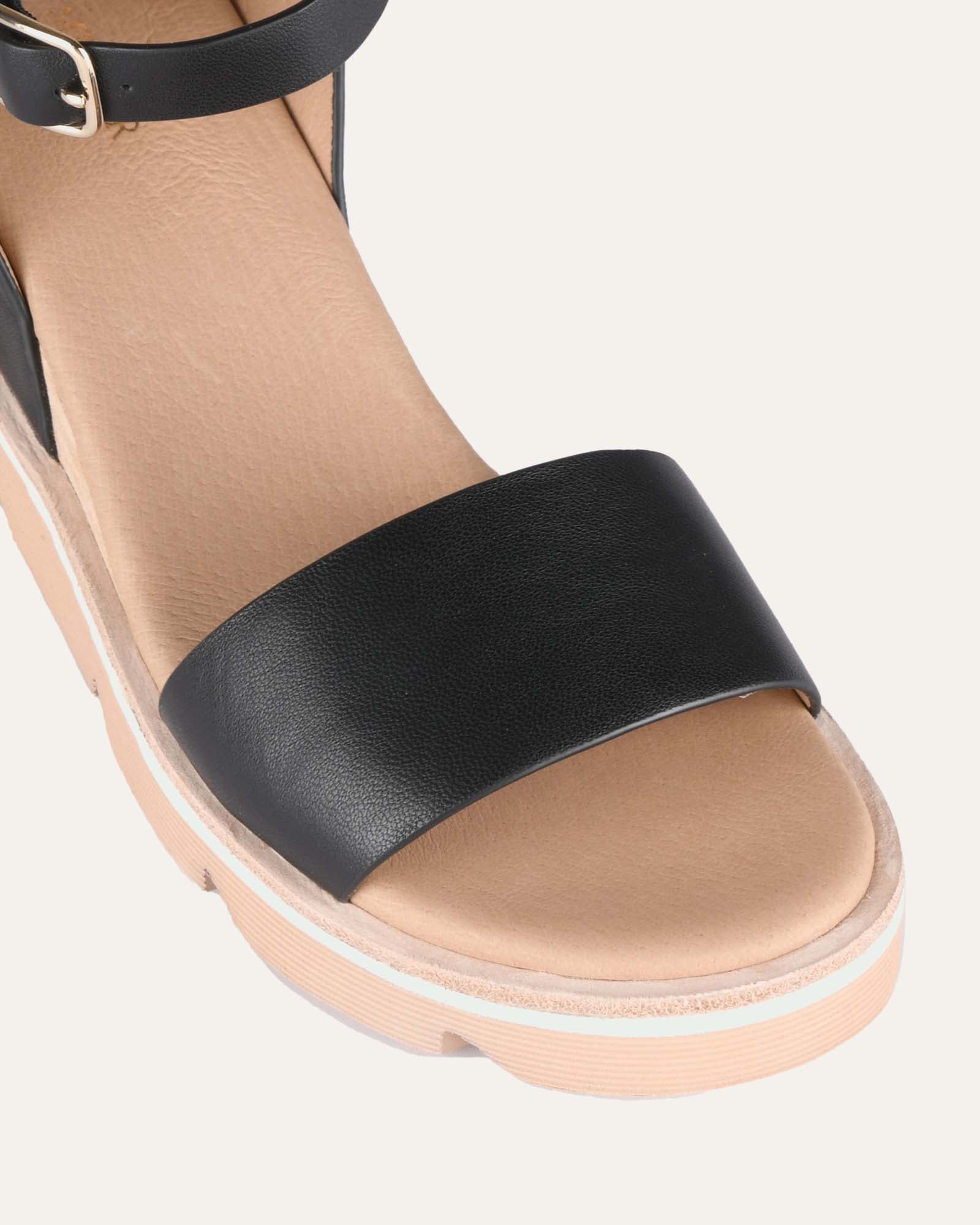 KATIE Women's Black Leather Mid Heel Wedge Sandals - Comfortable & Stylish for Summer, Beach, Parties & Casual Outings