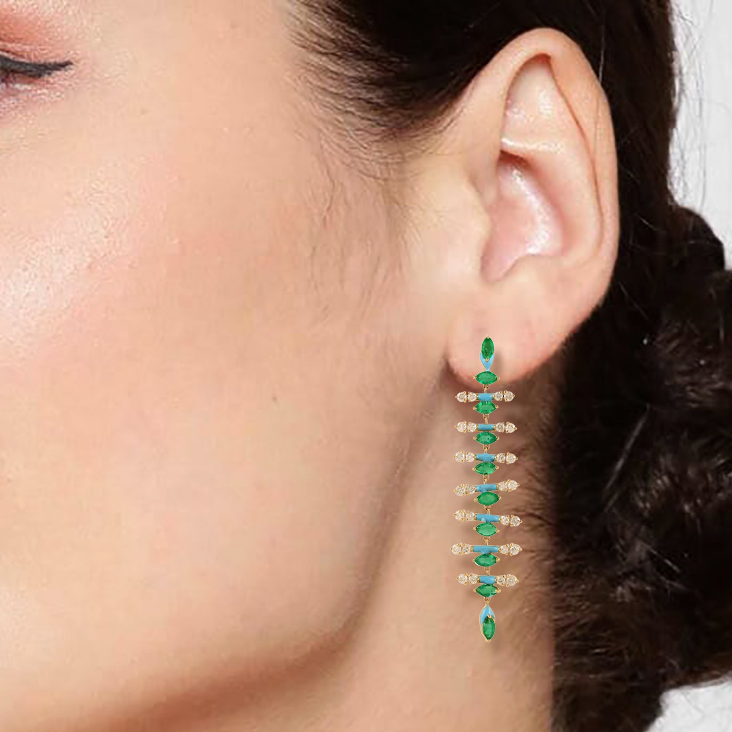 Exquisite Marquise Emerald Pave Diamond Long Chandelier Earrings in 14K Gold - Perfect for Weddings, Galas & Evening Events