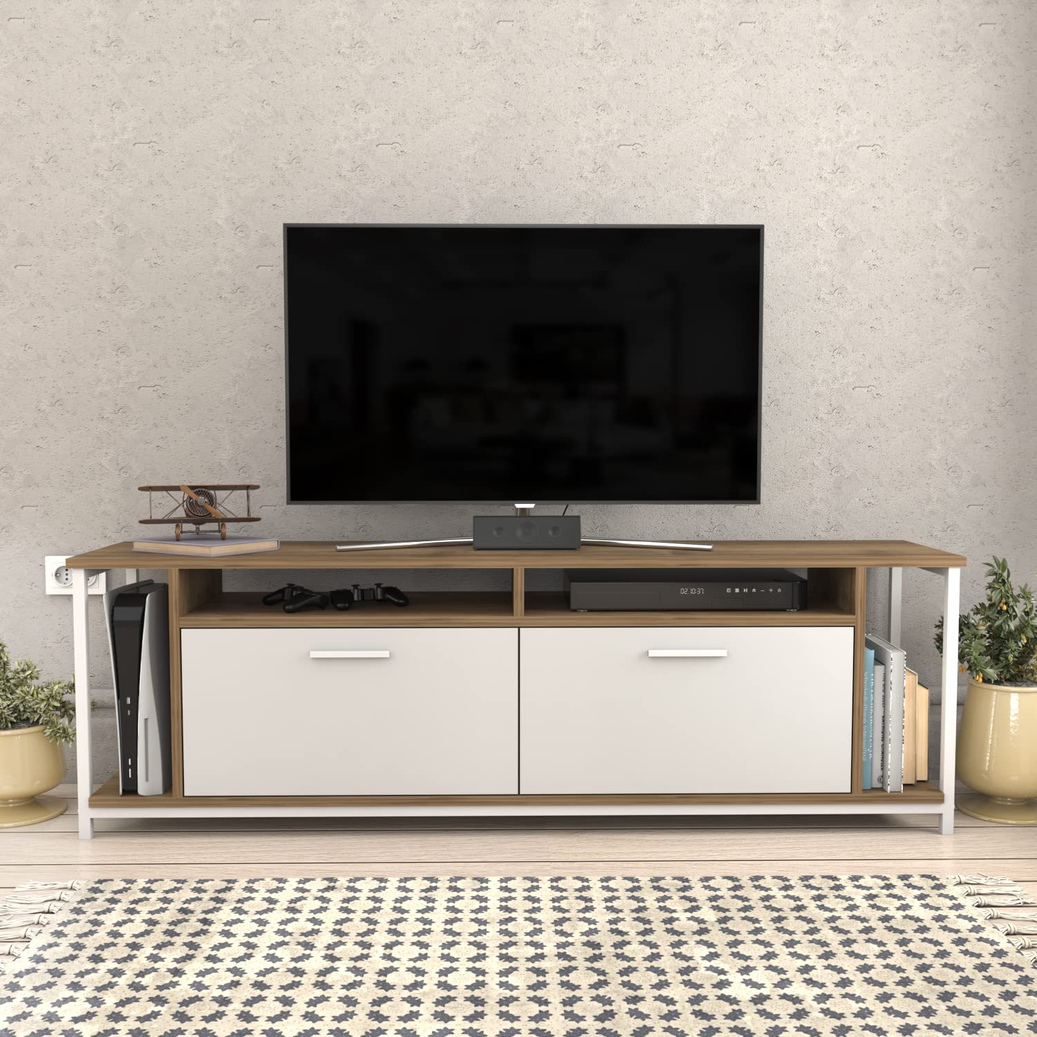 Decorotika Omar TV Stand Media Console for TVs Up to 72 Inch - Modern Walnut Entertainment Center with Storage Shelves - Perfect for Living Room, Home Theater & Apartment Decor