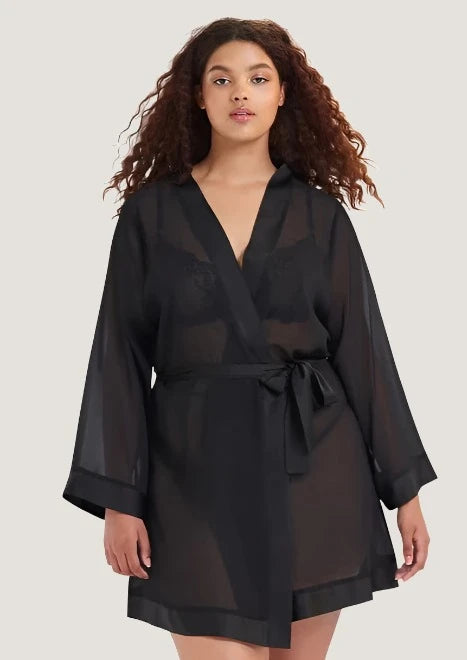 Elegant Black Chiffon Kimono Robe - Lightweight & Flowy Women's Loungewear for Spa, Beach Cover-Up, or Home Relaxation