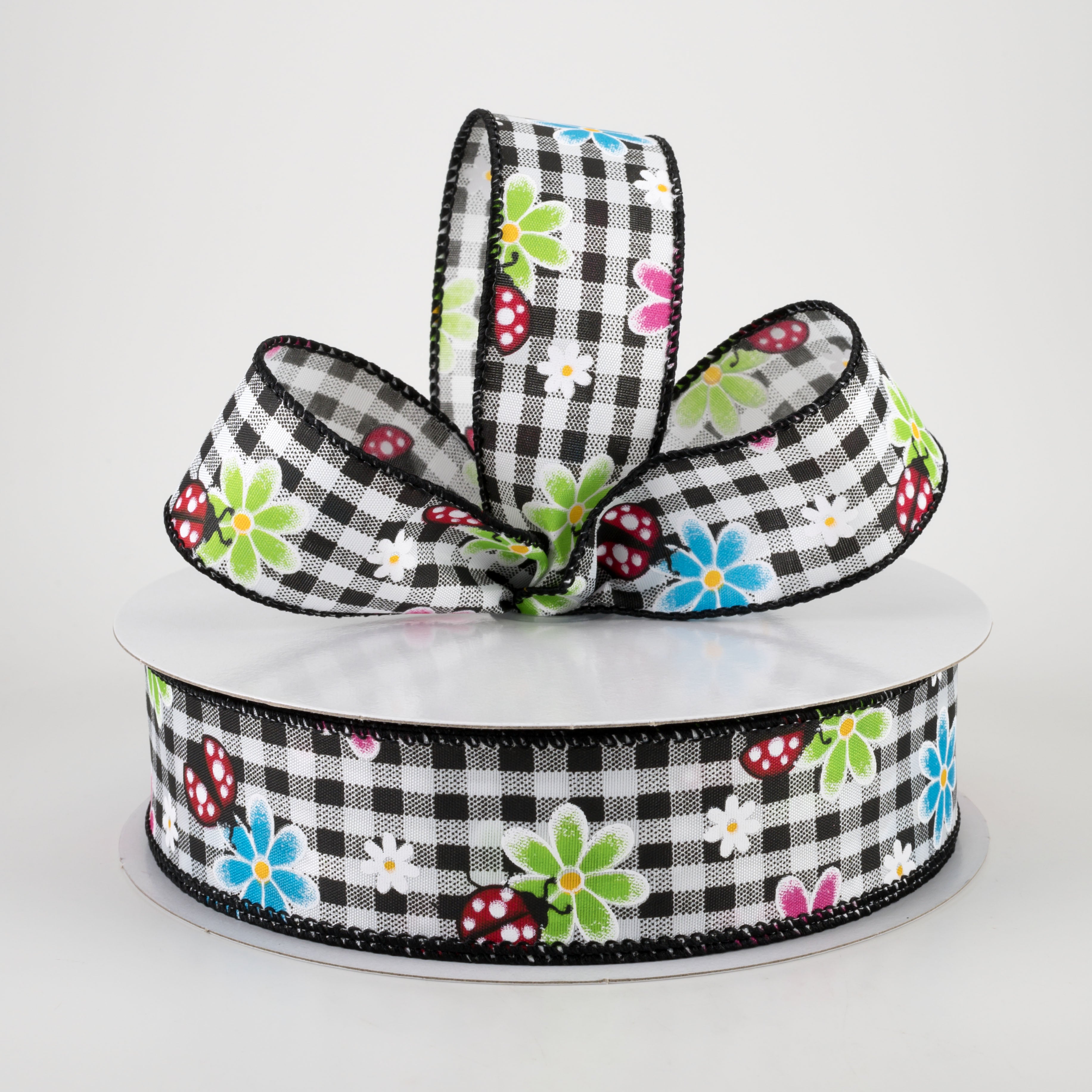 1.5 Inch Bright Daisies and Ladybugs Ribbon - Black & White Gingham Craft Ribbon (50 Yards) for Gift Wrapping, Scrapbooking, and DIY Decorations