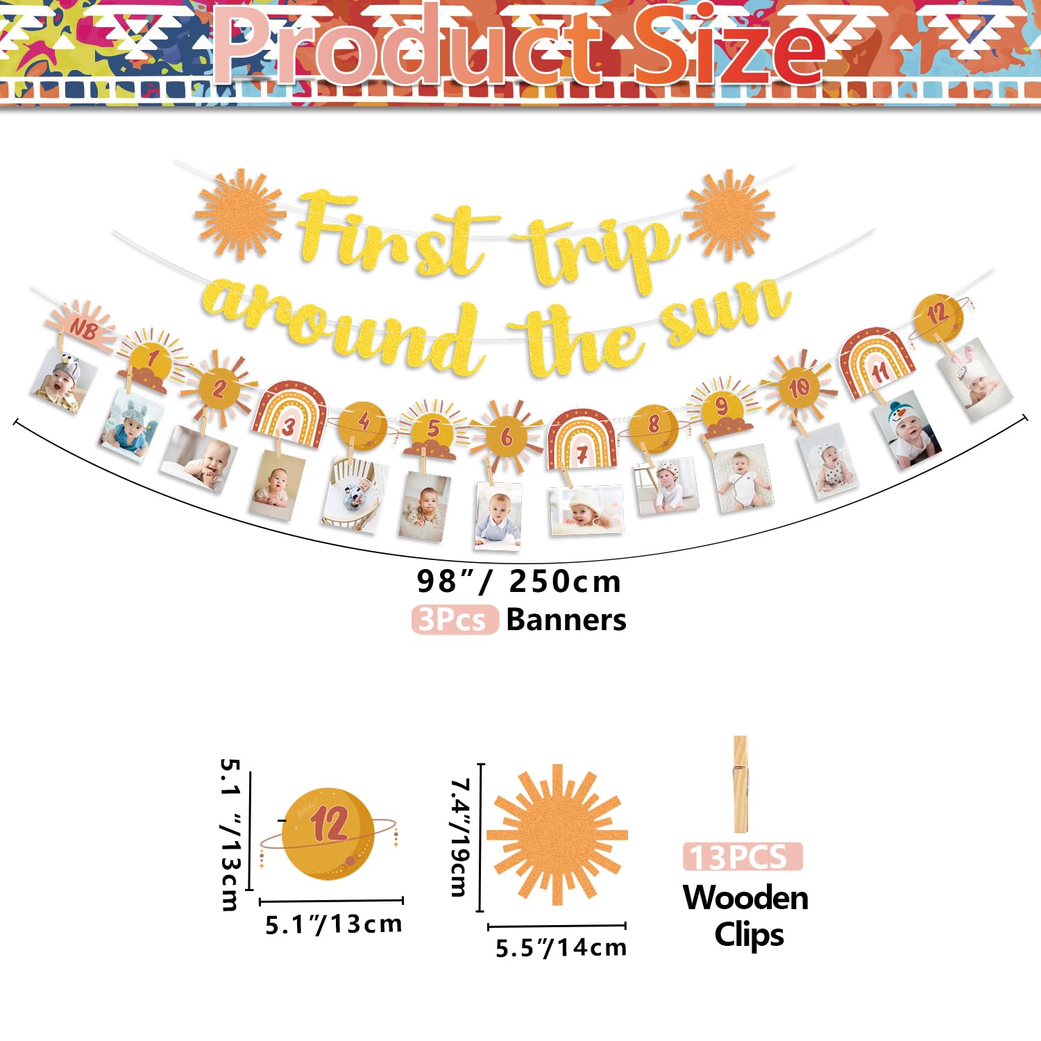 Boho Sun 1st Birthday Party Decorations Set - First Trip Around The Sun Banner & Bohemian Monthly Photo Banner for Baby's First Birthday - Boho Rainbow You Are My Sunshine Party Supplies - Perfect for Baby Shower, Gender Reveal & Birthday Celebrations