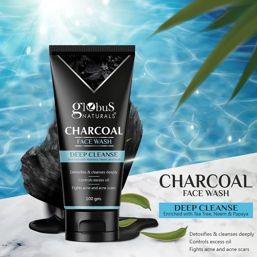 Globus Naturals Charcoal Face Wash with Tea Tree, Neem & Papaya - Deep Cleansing, Oil Control, Acne & Blackhead Treatment (100g) | Gentle Daily Cleanser for Oily & Acne-Prone Skin