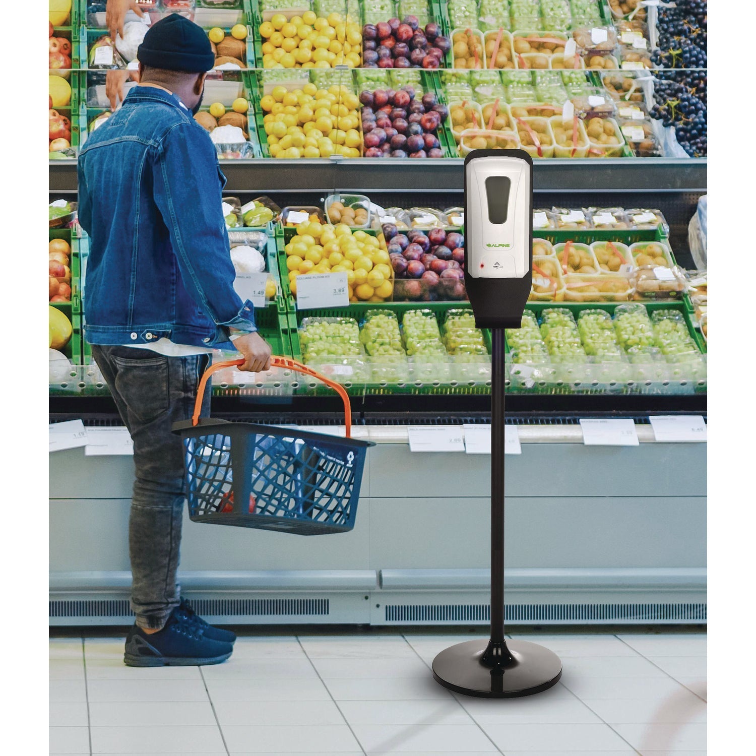 Alpine Industries Automatic Touchless Foam Hand Sanitizer & Soap Dispenser with Adjustable Floor Stand - 40 oz Capacity, White - Ideal for Hospitals, Restaurants, Schools, and Public Spaces