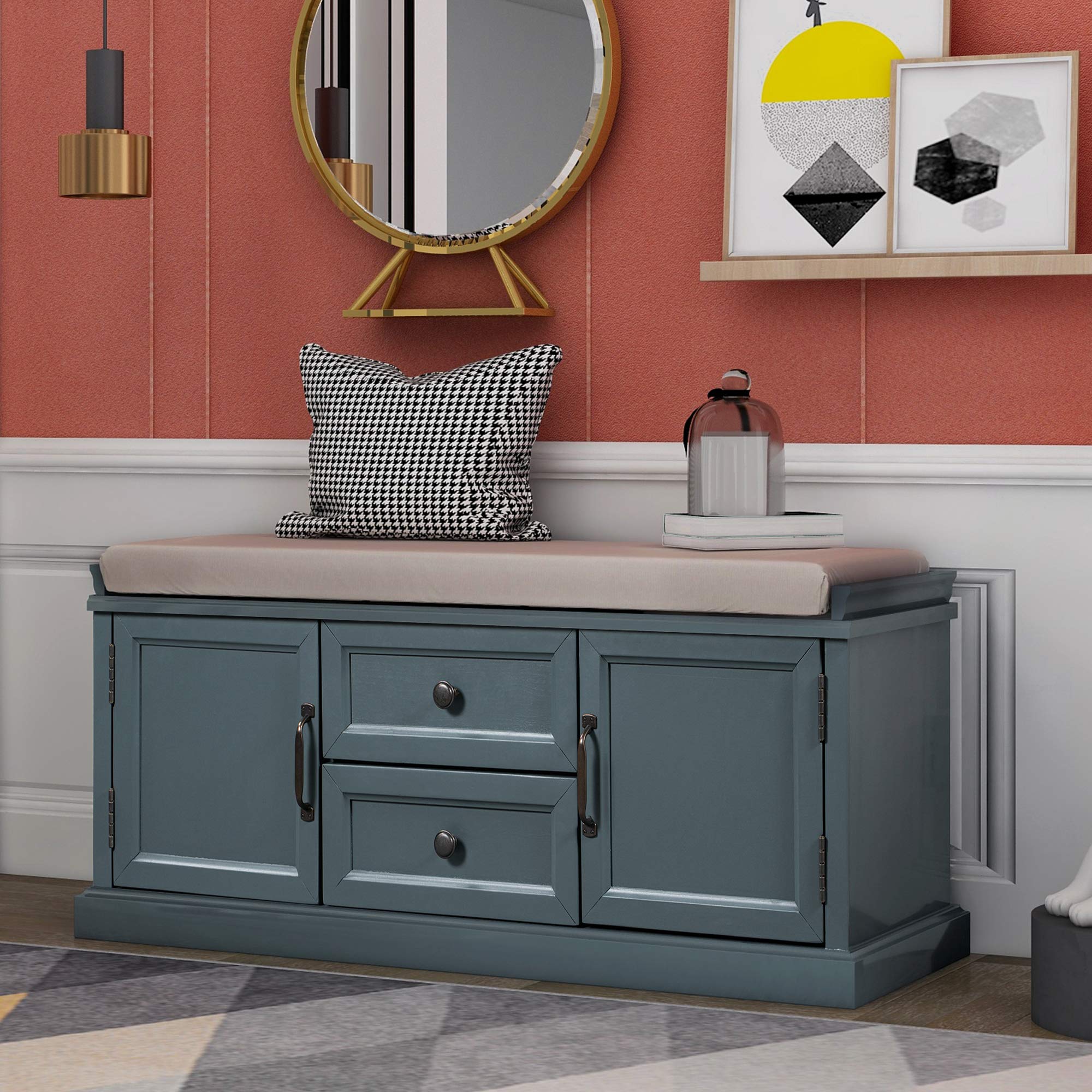 Solid Wood Entryway Storage Bench with 2 Drawers & 2 Cabinets - Removable Cushion, No Assembly Required - Hallway, Living Room, Bedroom Furniture (Blue+2) | Perfect for Entryway Organization, Shoe Storage & Home Decor
