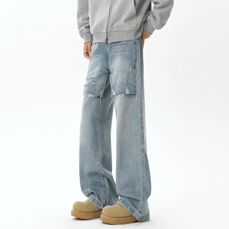 Trendy Men's Ripped Denim Jeans Two-Piece Set - Loose Fit Casual Pants for Spring & Fall - Fashionable Male Clothing (Style 9C9263) | Perfect for Streetwear, Outings & Everyday Comfort