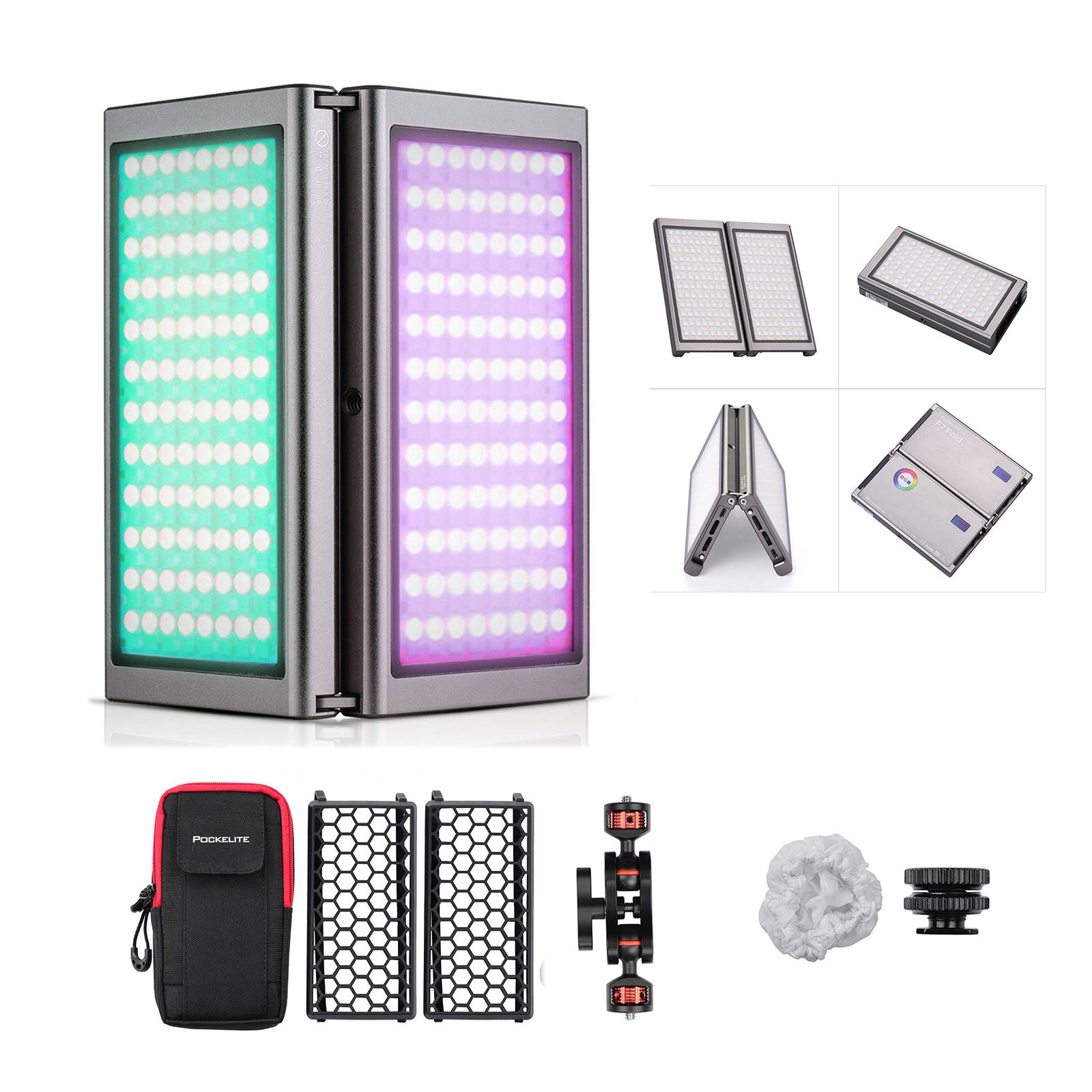 Falcon Eyes F7 Fold 24W RGB LED Light Panel with Honeycomb Grid & Softbox - 20 Scene Effects, Magnetic Adsorption, Color Picker, Built-in Battery, Smartphone Control for Photography, Videography & Live Streaming