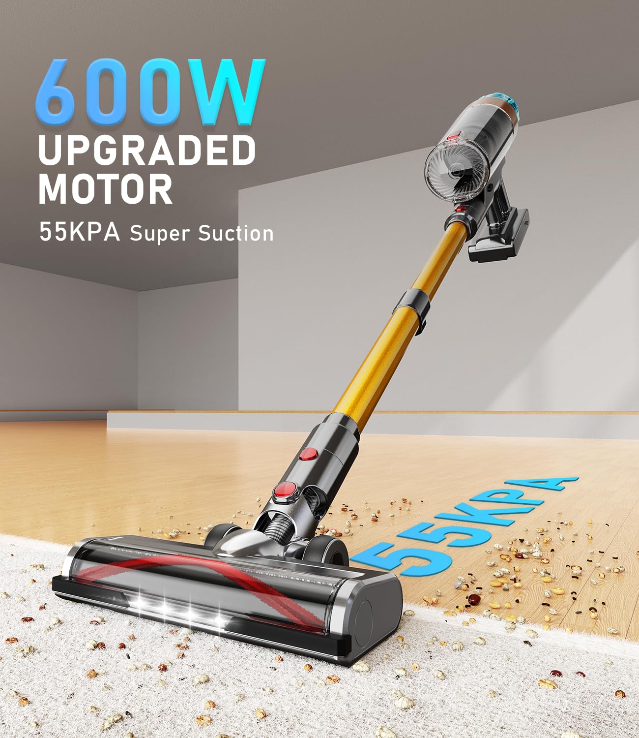 600W 55Kpa Cordless Stick Vacuum Cleaner - Up to 55 Mins Runtime, Rechargeable with Wall Mount & OLED Screen - Powerful Suction for Pet Hair, Hardwood Floors, Carpets & Car Cleaning - Lightweight & Anti-Tangle Design for Effortless Home Cleaning