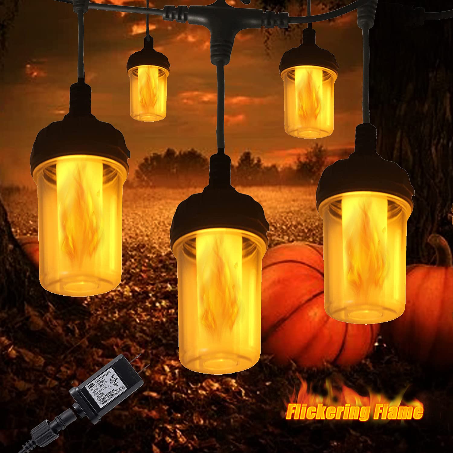 23Ft LED Flickering Flame String Lights for Halloween Decor - Outdoor Plug-in Garden Lights with 10 Lanterns & Hooks - Connectable Backyard Lights for Patio, Cafe, Bistro - Perfect for Halloween Parties, Garden Decoration and Outdoor Ambiance