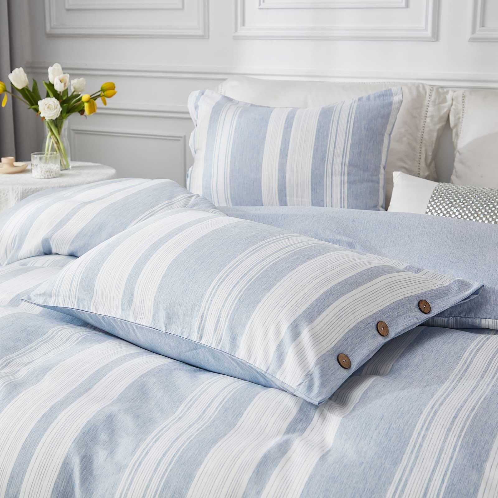 Breathable Soft Brushed Microfiber Duvet Cover Set - King Size Blue Striped Bedding with Button Closure (Includes 1 Duvet Cover + 2 Pillowcases) | Perfect for Cozy Bedrooms & Guest Room Decor