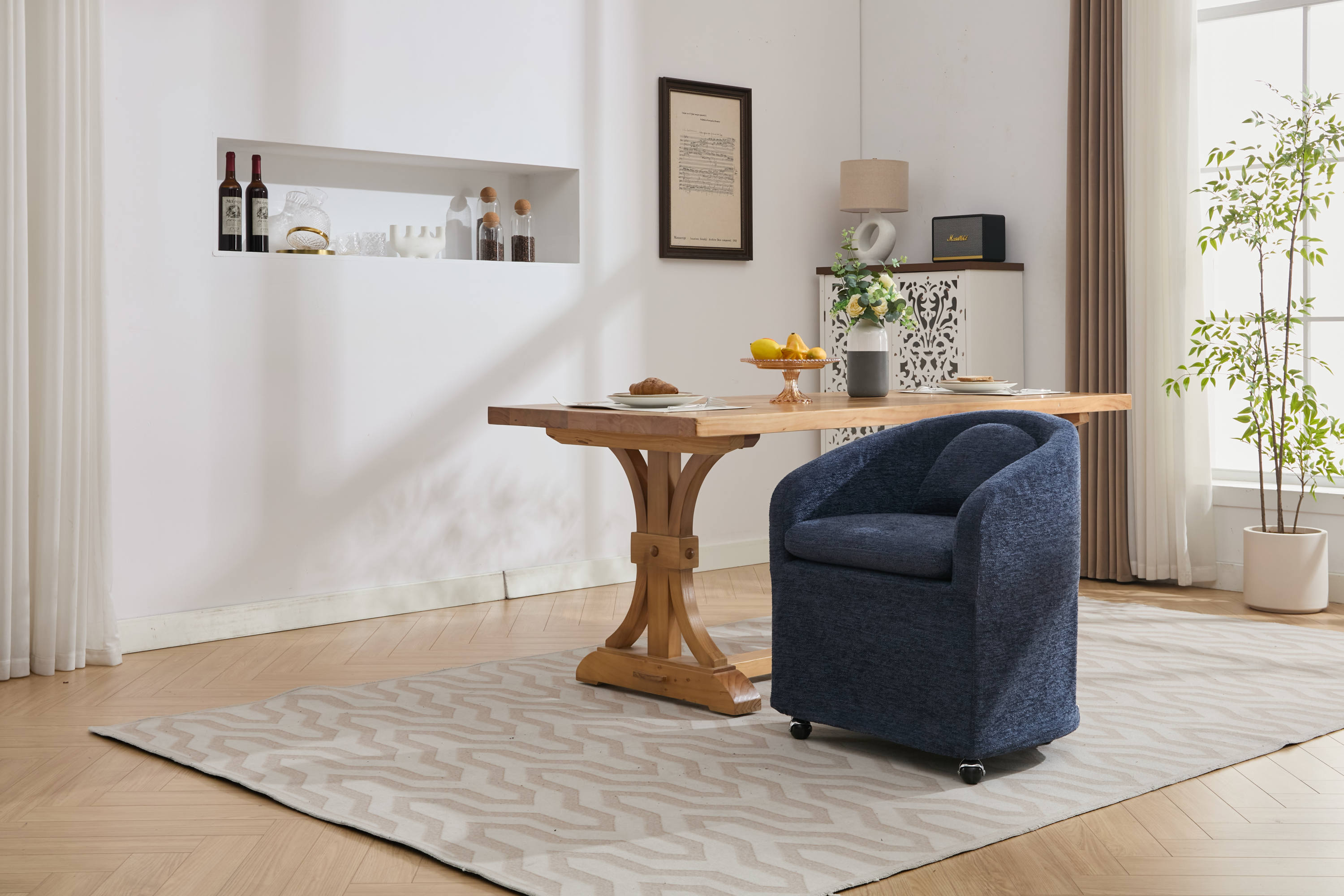 Blue Chenille Fabric Dining Armchair with Back Cushion & Universal Wheels - 1-Piece Set for Home, Office or Restaurant Use
