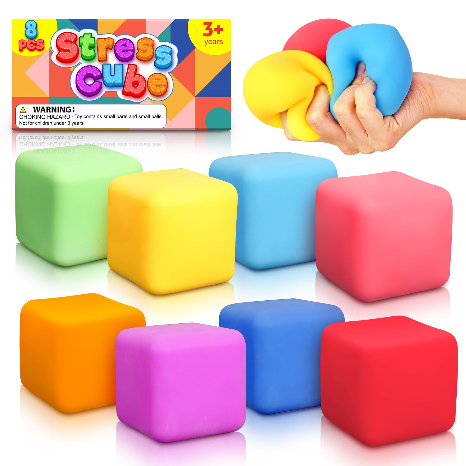 8 Pack Slow Rising Stress Cubes - Stretchy Fidget Toys for Anxiety Relief & Focus, Squishy Sensory Toys for Kids & Adults - Perfect for Classroom, Office & Travel (2 Inch) - Reduce Stress & Improve Concentration