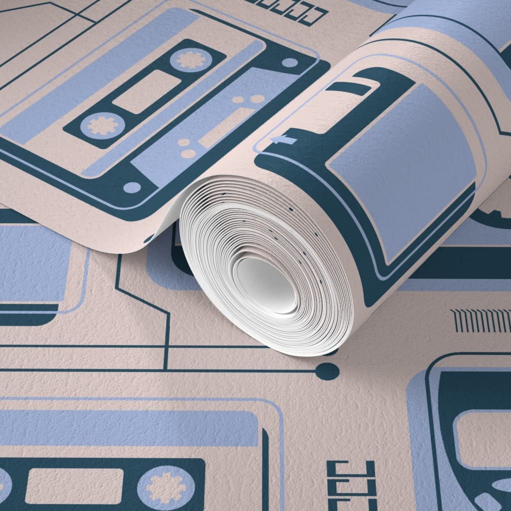 Premium Commercial Grade Wallpaper - 27ft x 2ft Roll, 2000S Light Blue & Dusty Pink Cassette Pattern, Traditional Phone Design by Spoonflower | Perfect for Living Rooms, Bedrooms, and Home Offices
