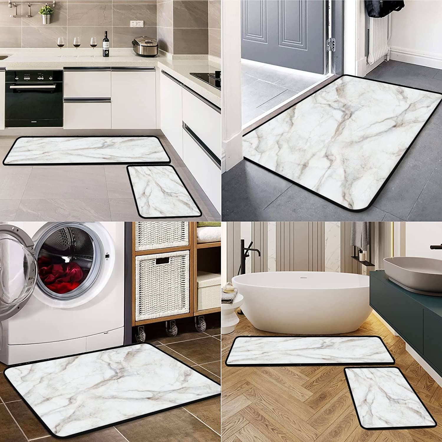 Non-Slip Washable Kitchen Rugs Set - Abstract Marbling Texture White Marble with Grey Beige Veins - Anti-Fatigue Floor Mats for Cooking & Standing Comfort - Perfect for Kitchen, Bathroom & Entryway Decor