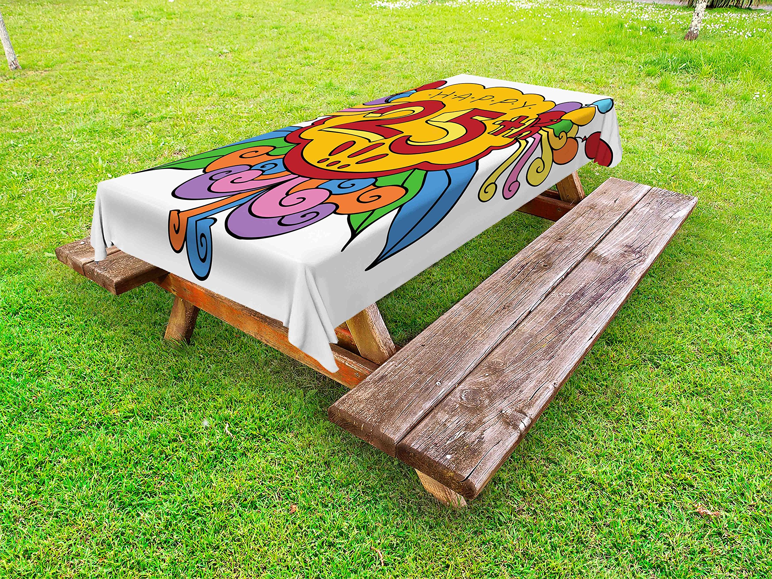 Ambesonne 25th Birthday Party Tablecloth - Colorful Cartoon Floral Balloon Print Washable Picnic Table Cover 58x84 Inches - Perfect for Outdoor Celebrations, BBQs, and Birthday Decorations