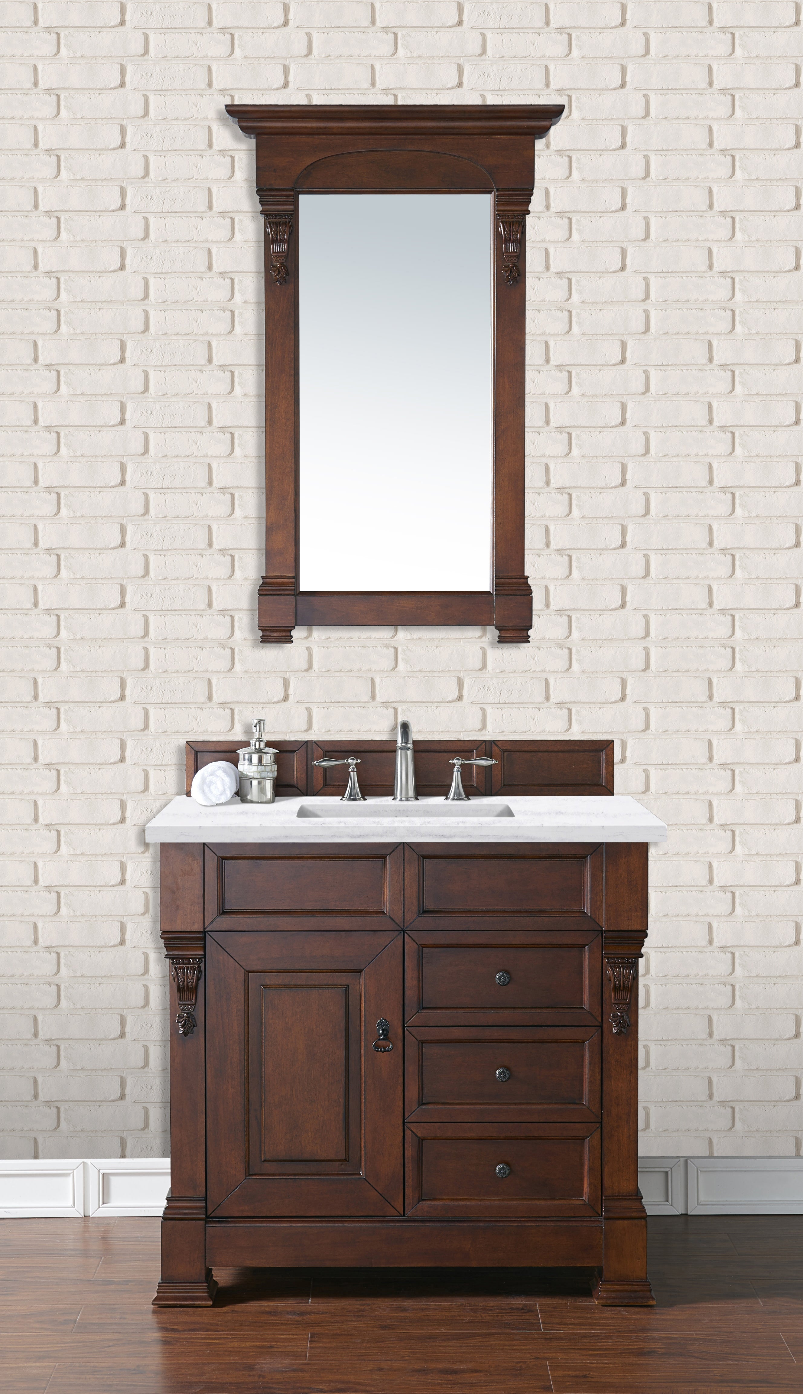 Brookfield 36 Inch Single Bathroom Vanity with Warm Cherry Finish & 3CM Arctic Fall Solid Surface Top - Perfect for Modern Home Bathroom Renovation