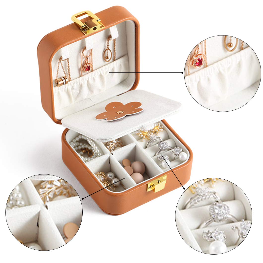 Rolin Roly PU Leather Travel Jewelry Organizer Box - Waterproof Jewelry Storage Case with Mirror for Rings, Necklaces, Bracelets, Earrings & Pendants (Brown) | Perfect for Travel, Home Storage & Gift Giving