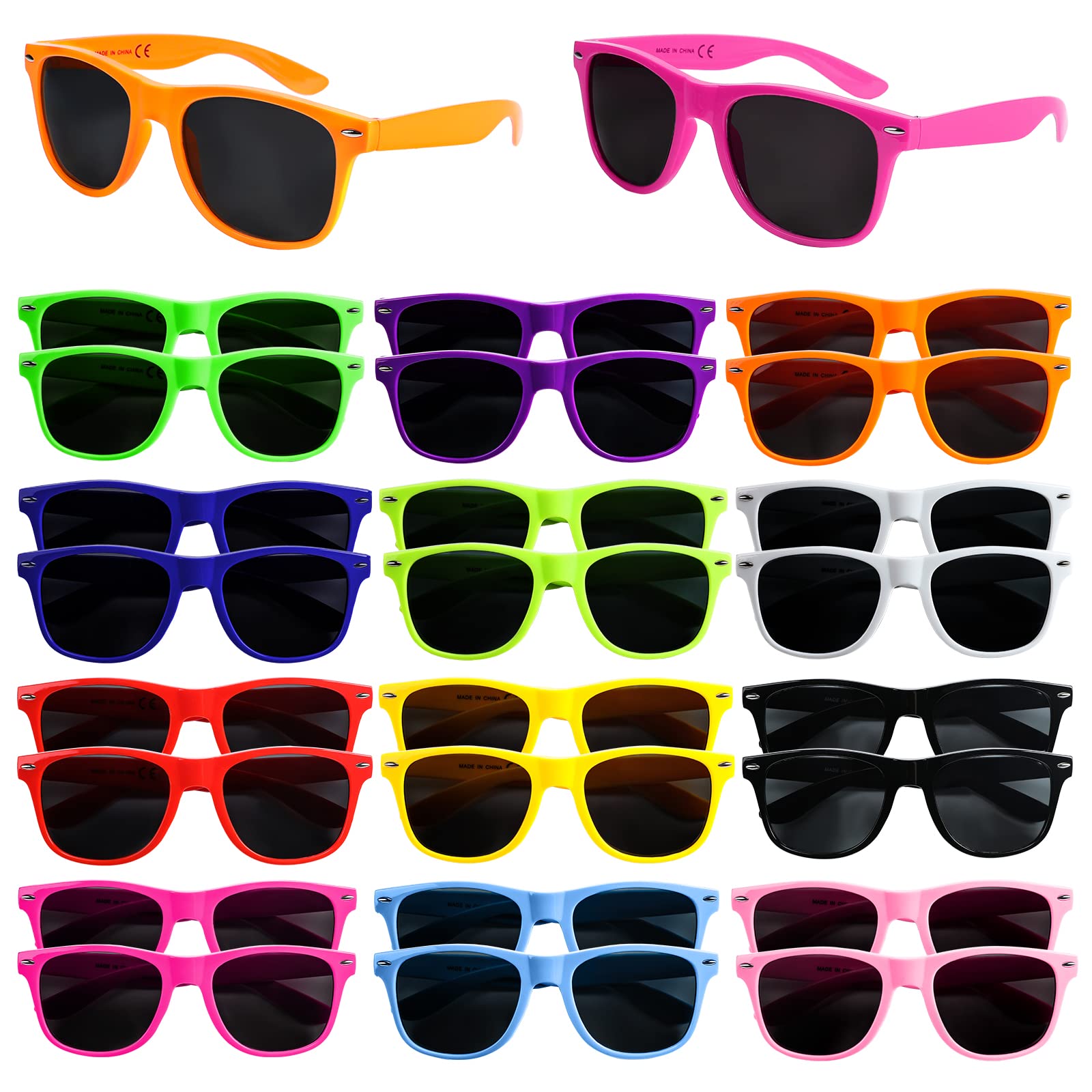 24-Pack 12 Color Neon Sunglasses - 80’s Retro Style Party Favors for Birthday, Beach & Pool Parties - Fun Novelty Sunglasses Set for Kids & Adults - Perfect for Goody Bags, Themed Events & Summer Celebrations