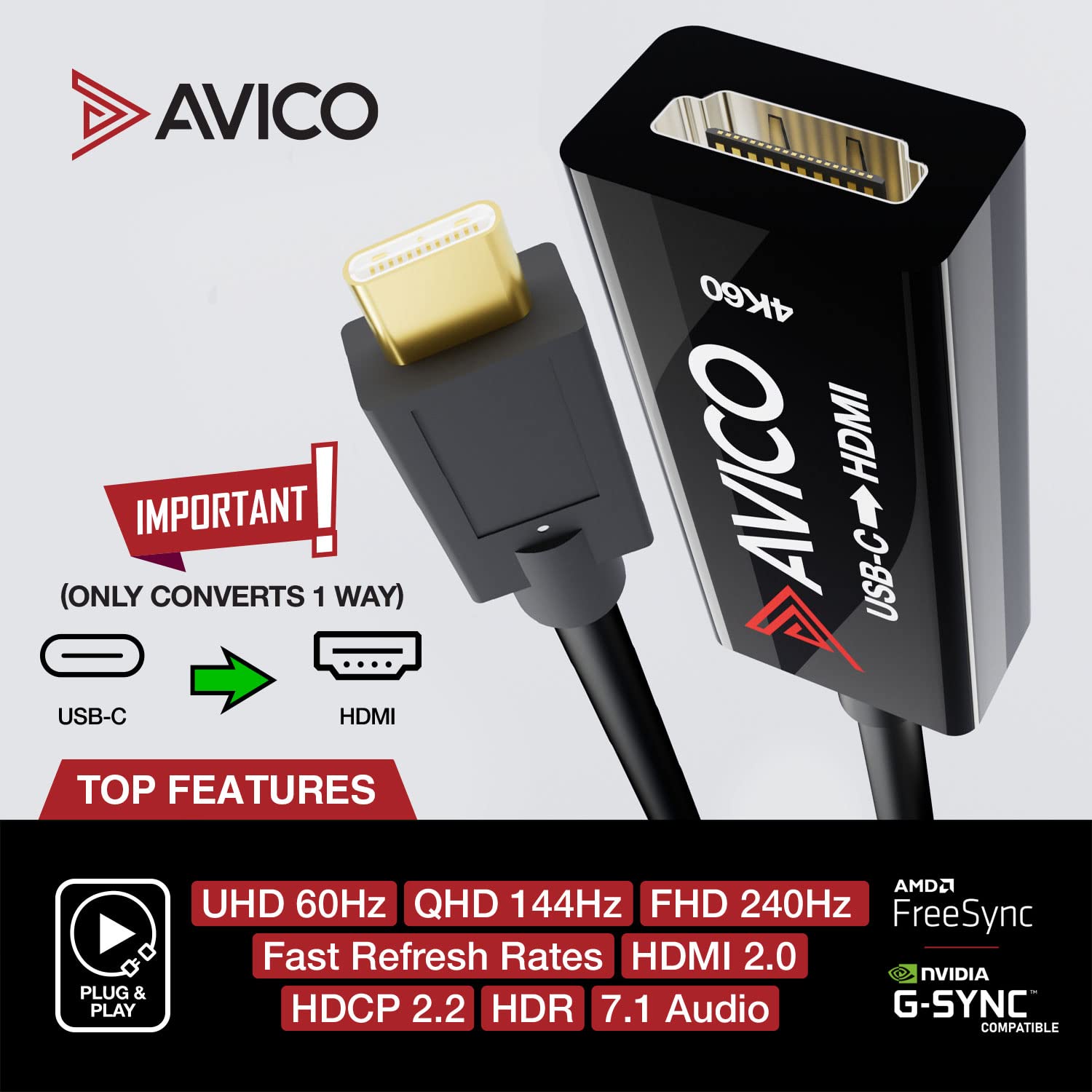Avico USB C to HDMI 2.0 Adapter 4K 60Hz HDR 2K 144Hz 1080P 240Hz - Thunderbolt 3 Compatible - for MacBook Pro/Air, Windows Laptops, Monitors, TVs, Projectors - Ideal for Gaming, Streaming & Presentations