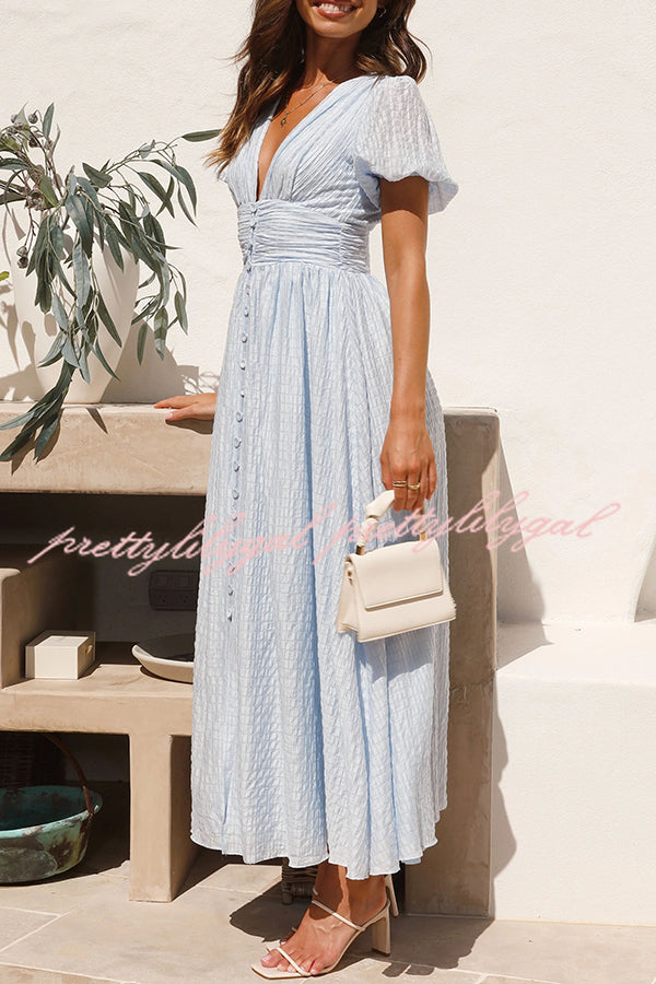 Rustic V-Neck Button Zip Pleated Slit Puff Sleeve Maxi Dress for Women | Boho Chic Flowy Long Dress for Summer, Beach, Party & Casual Wear