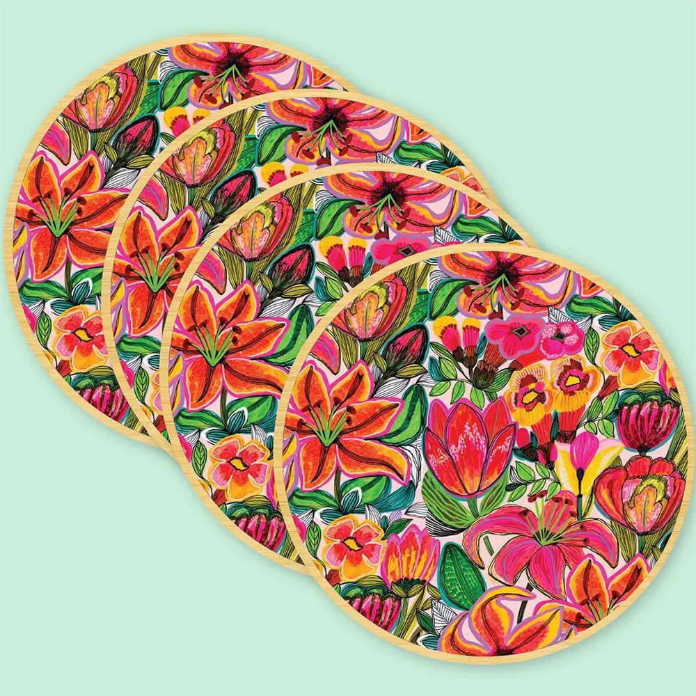 Tigerlily & Tulip Floral Wooden Coaster Set - 4-Piece Handmade Drink Coasters for Coffee Table, Home Decor, and Gift Giving - Perfect for Dining Table, Office Desk, and Party Use