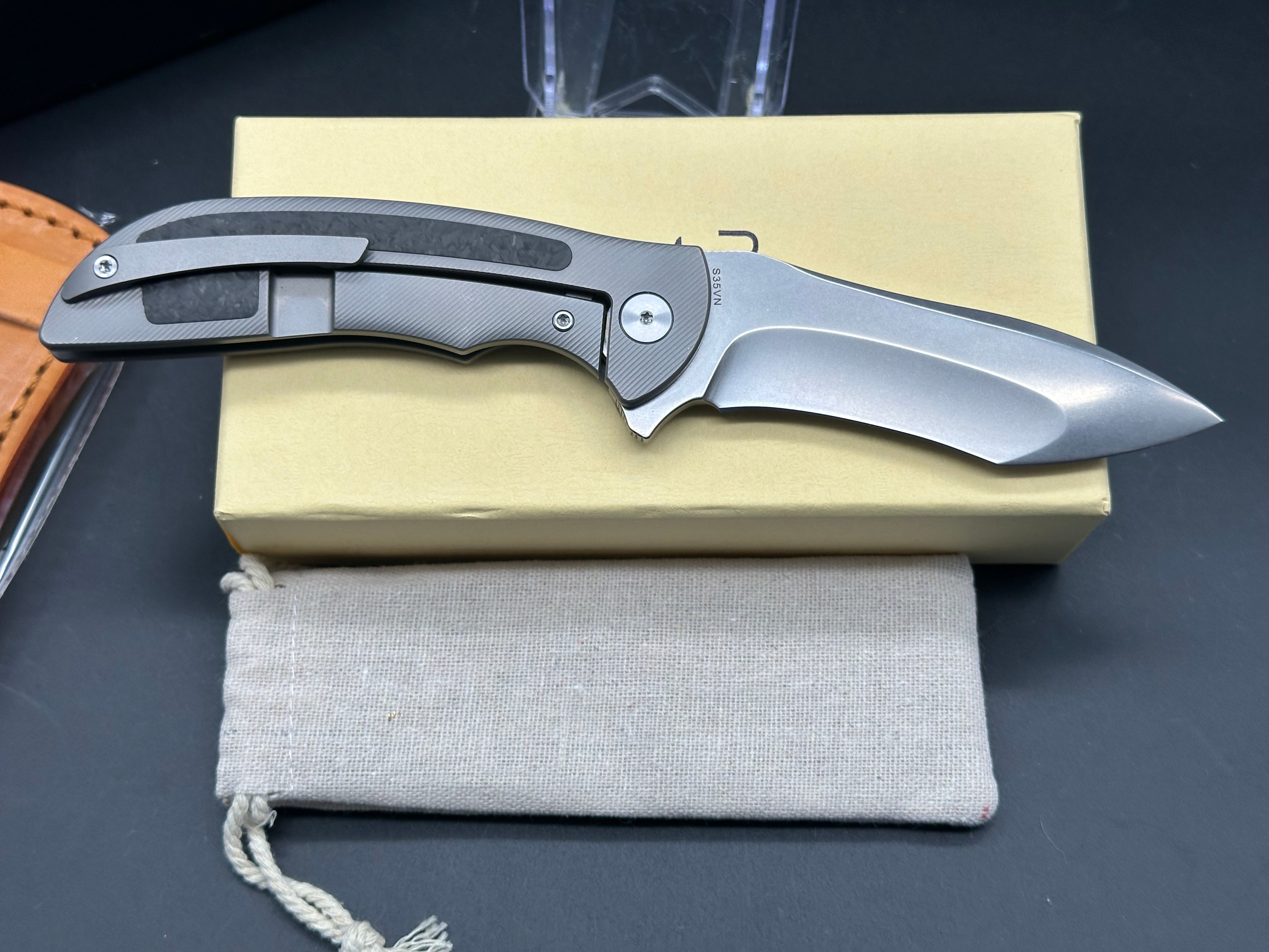 KATSU TK01 Folding Knife - CPM S35VN Steel Blade, Titanium & Carbon Fiber Handle with Leather Sheath | EDC, Outdoor Survival, Camping & Hunting Gear