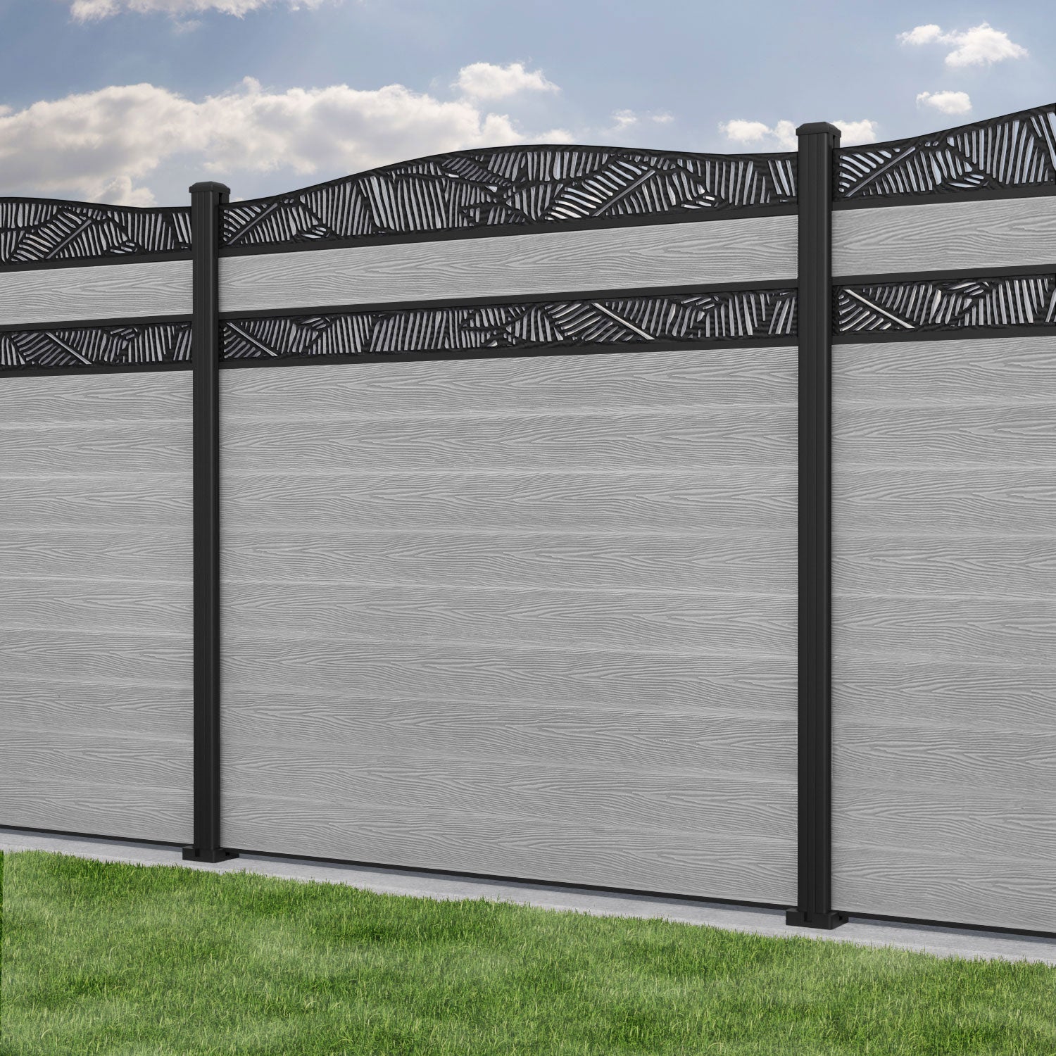 Classic Feather Curved Top Split Screen Fence Panel - Light Grey Aluminum Privacy Fence with Durable Posts | Perfect for Backyard, Garden, and Patio Privacy Screening
