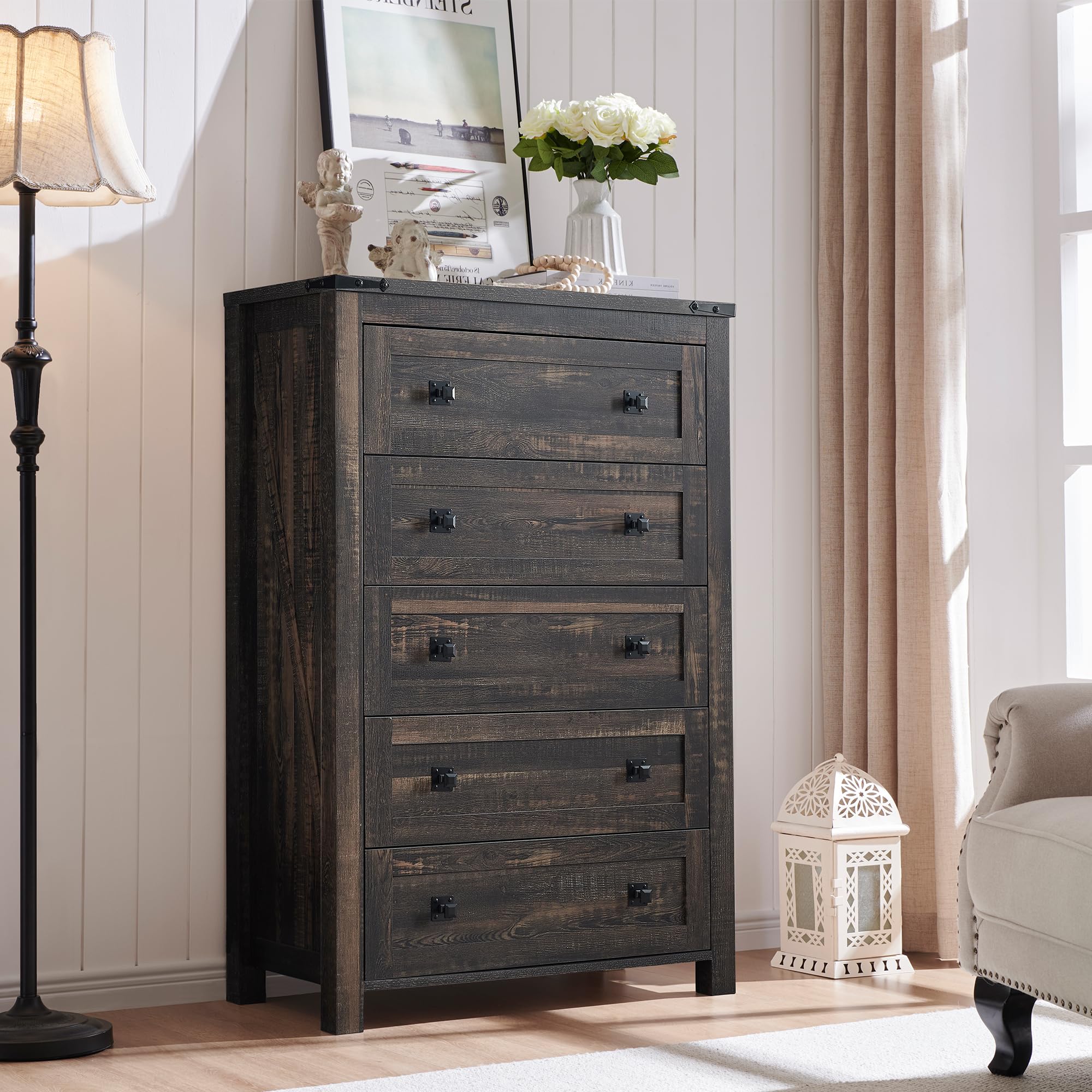T4TREAM 5-Drawer Farmhouse Dresser - Rustic Wood Tall Chest of Drawers for Bedroom Storage | Dark Oak Organizer for Clothes, Linens & Home Decor | Perfect for Master Bedroom, Guest Room & Hallway Organization