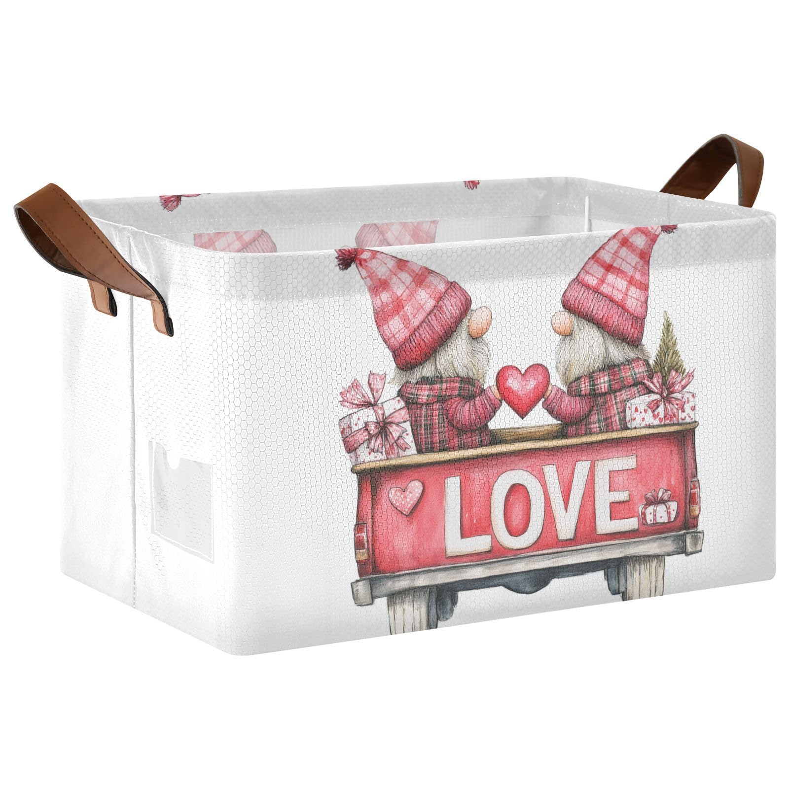 Valentine's Day Red Truck Gnomes Foldable Storage Bins with Handles & Labels - 2 Pack Collapsible Organizer Baskets for Home, Living Room, Closet, Shelves - Decorative Storage Cube Box for Holiday Decor & Gift Organization