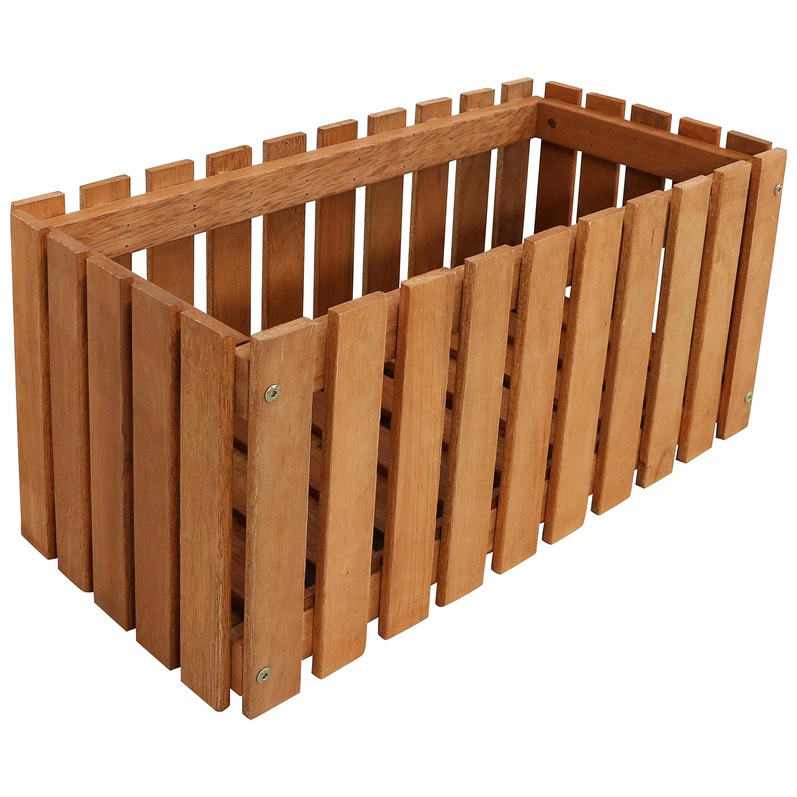 Sunnydaze 24-Inch Meranti Wood Picket Style Planter Box & 2-Pack 16-Inch Square Outdoor Planters with Teak Oil Finish - Perfect for Patio, Garden, and Balcony Decor