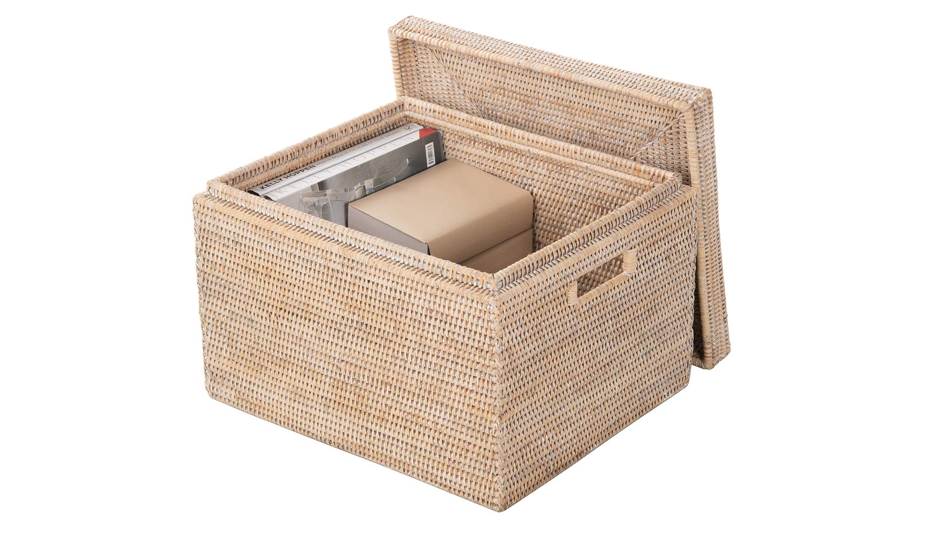 Kouboo La Jolla Rattan Storage Basket with Lid - Whitewashed Wicker Organizer for Toys, Laundry, Kitchen & Living Room | Decorative Home Storage Solution for Bedroom, Bathroom and Office Organization